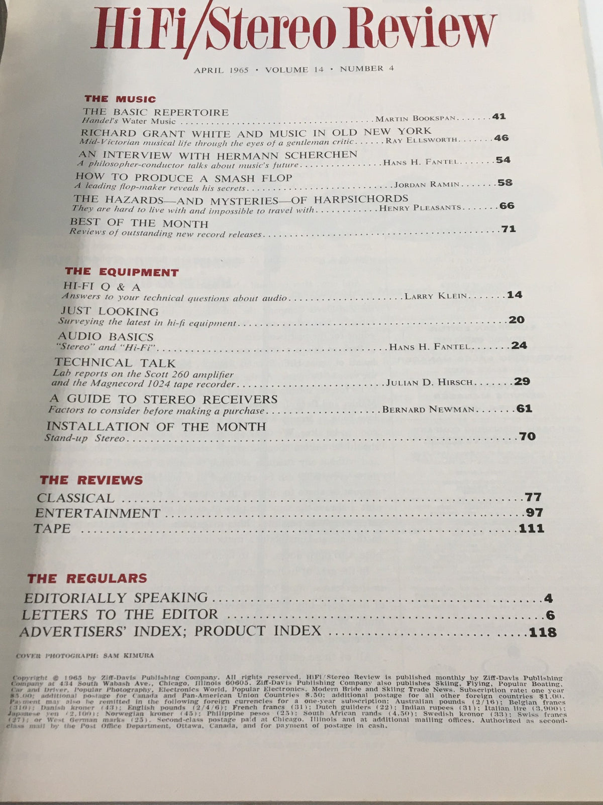 Inside page of VTG HiFi/Stereo Review Magazine April 1965 displaying the table of contents with article titles and topics, including an interview with Hermann Scherchen and reviews.