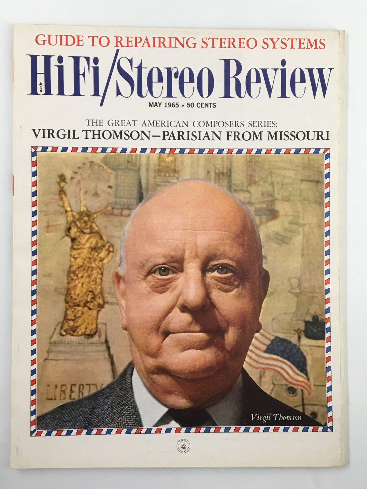 Cover of VTG HiFi/Stereo Review Magazine from May 1965, featuring an article on composer Virgil Thompson. The magazine includes a guide to repairing stereo systems and showcases a vintage aesthetic.