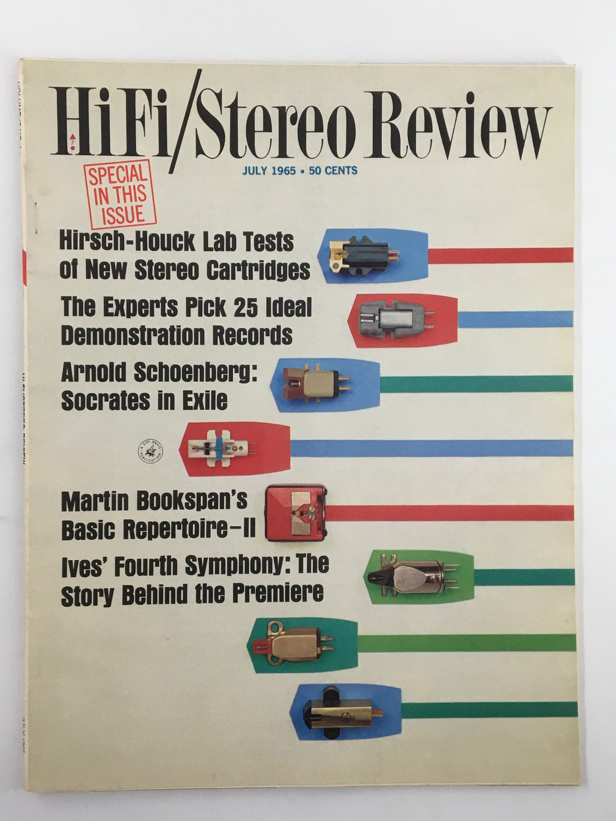 Cover of VTG HiFi/Stereo Review Magazine from July 1965 featuring Hirsch-Houck Lab Tests of New Stereo Cartridges and highlights on audio technology of the 1960s.