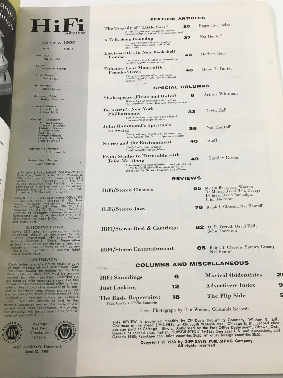 Inside page of VTG HiFi Review Magazine January 1960, detailing feature articles and columns including discussions on classical music and audio technology.