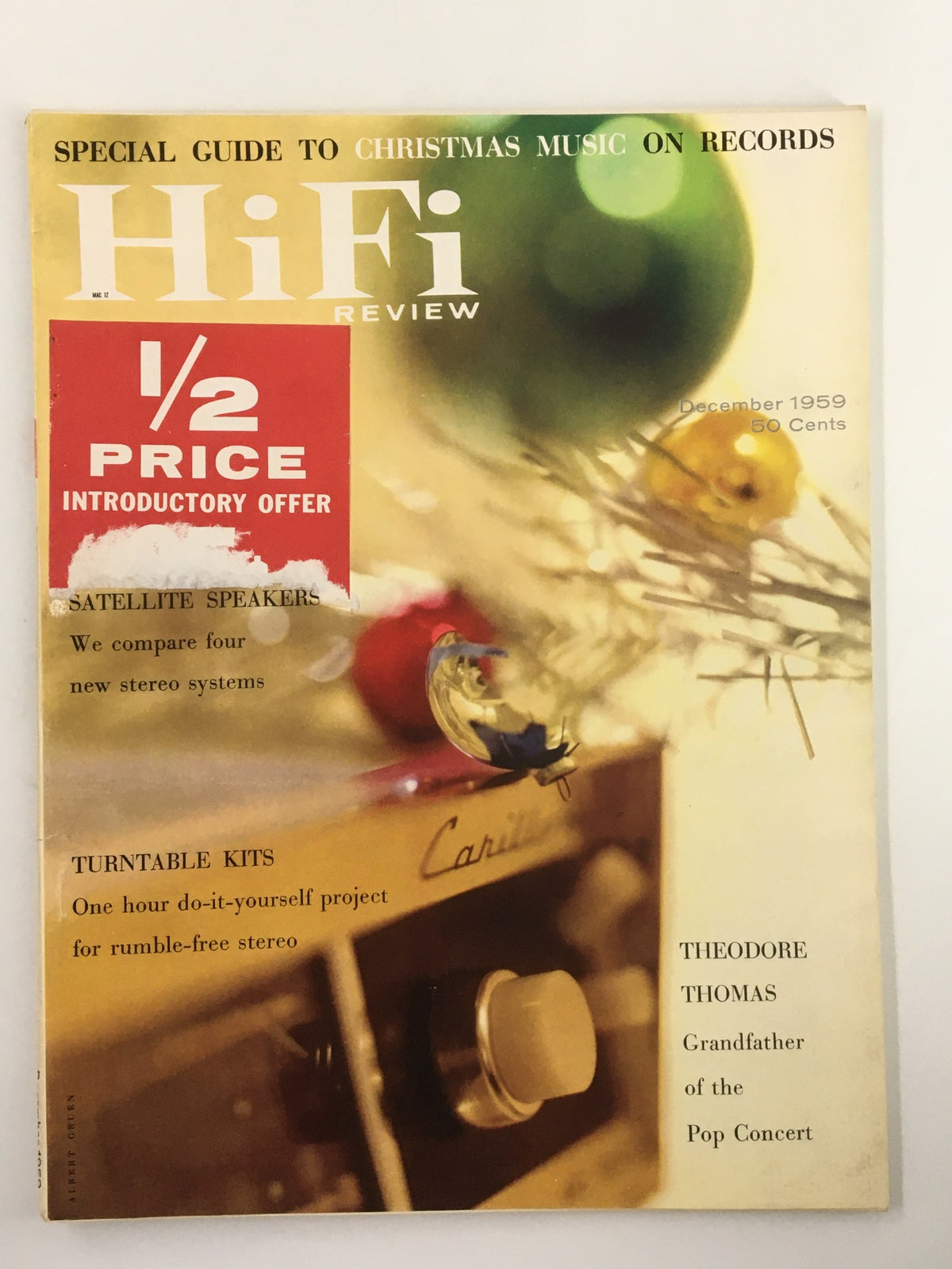 VTG HiFi Review Magazine December 1959 featuring a cover with colorful decorations and a special guide to Christmas music, highlighting Theodore Thomas as the grandfather of the pop concert.
