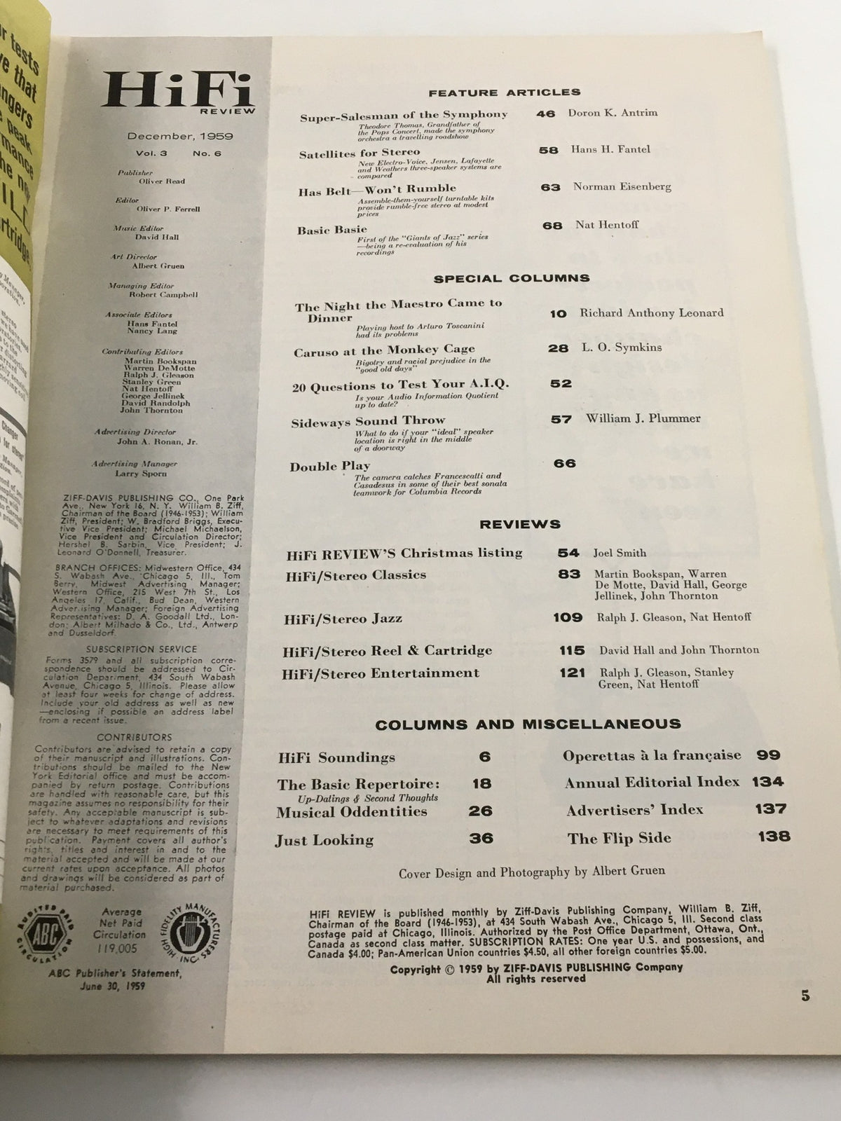 VTG HiFi Review Magazine December 1959 interior page showcasing the table of contents with feature articles and reviews related to audio equipment and music trends.