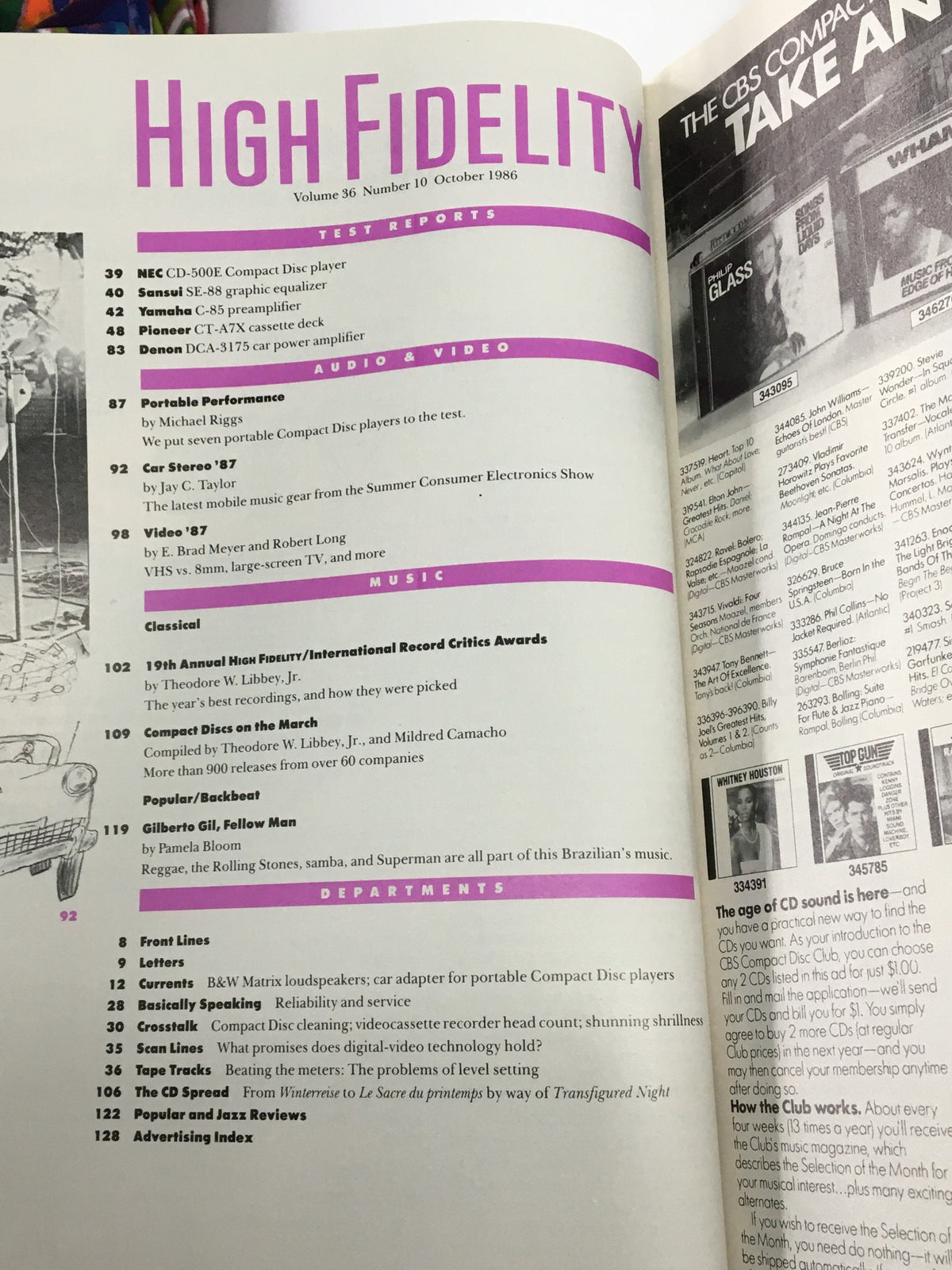 Interior page of High Fidelity Magazine from October 1986 featuring content on audio equipment test reports including NEC CD-500E Compact Disc player, Sansui SE-88 graphic equalizer, and Pioneer CT-ATX cassette deck. A must-read for audiophiles and vintage magazine collectors.