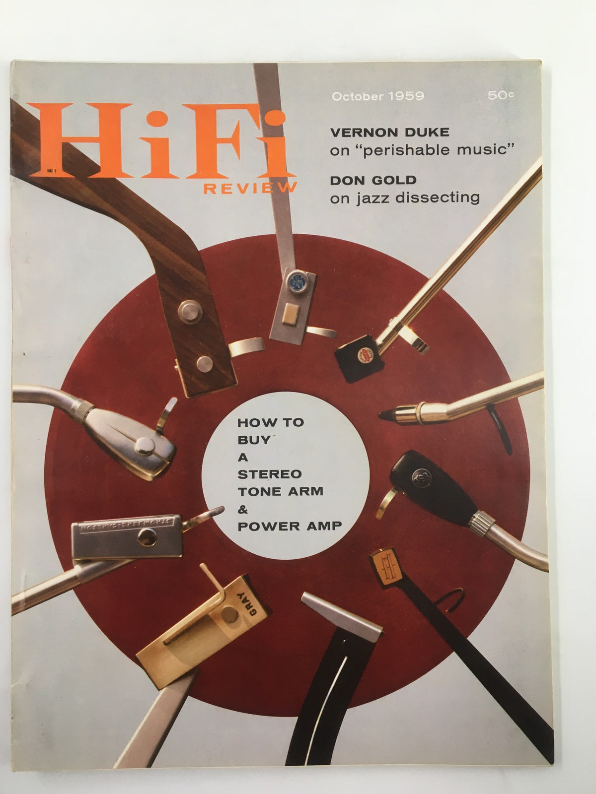 Cover of VTG HiFi Review Magazine October 1959, showcasing stereo tone arms and power amps in a visually striking design.