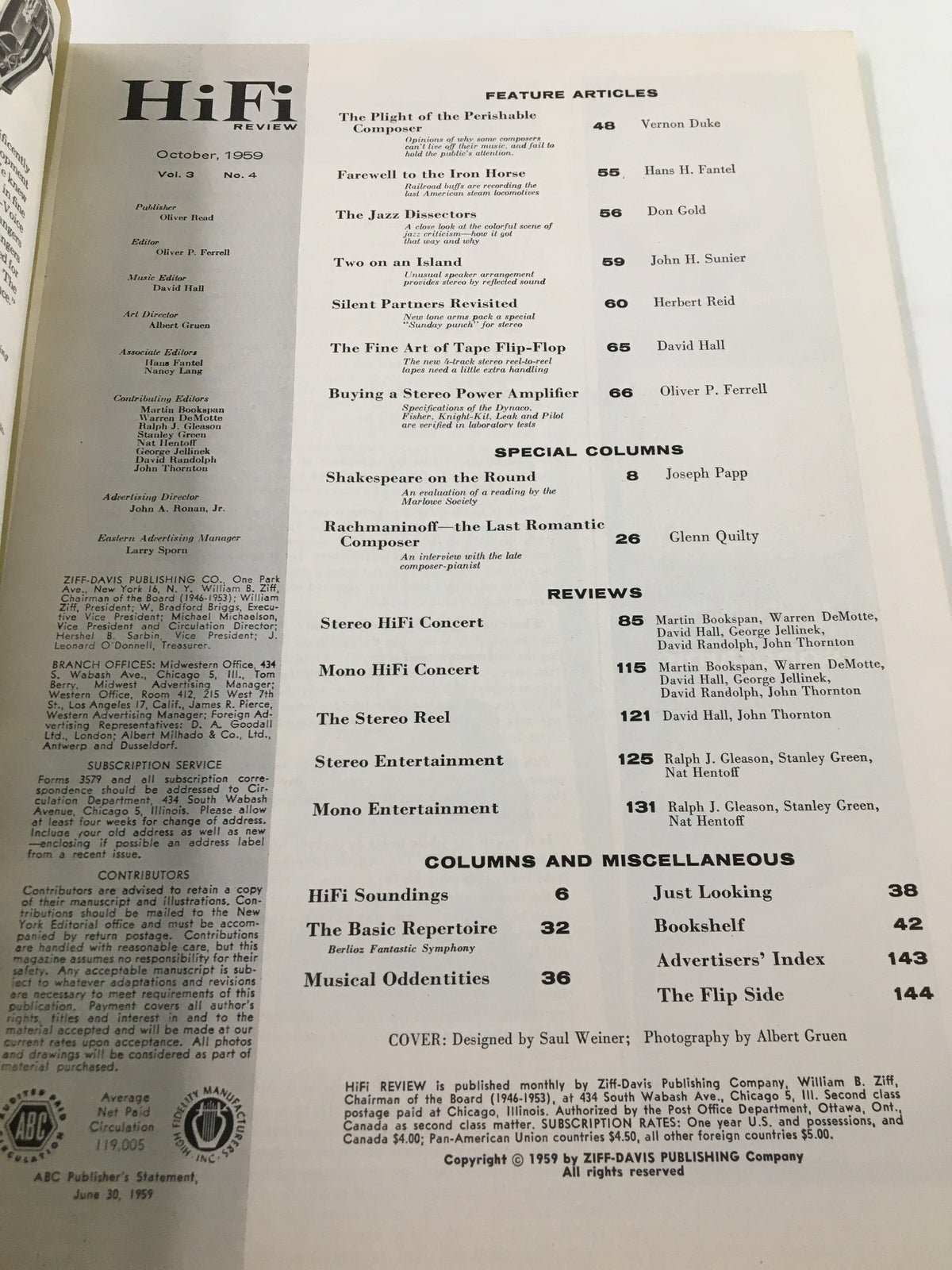 Interior pages of VTG HiFi Review Magazine October 1959, featuring an index of articles and topics on audio equipment and stereo technology.