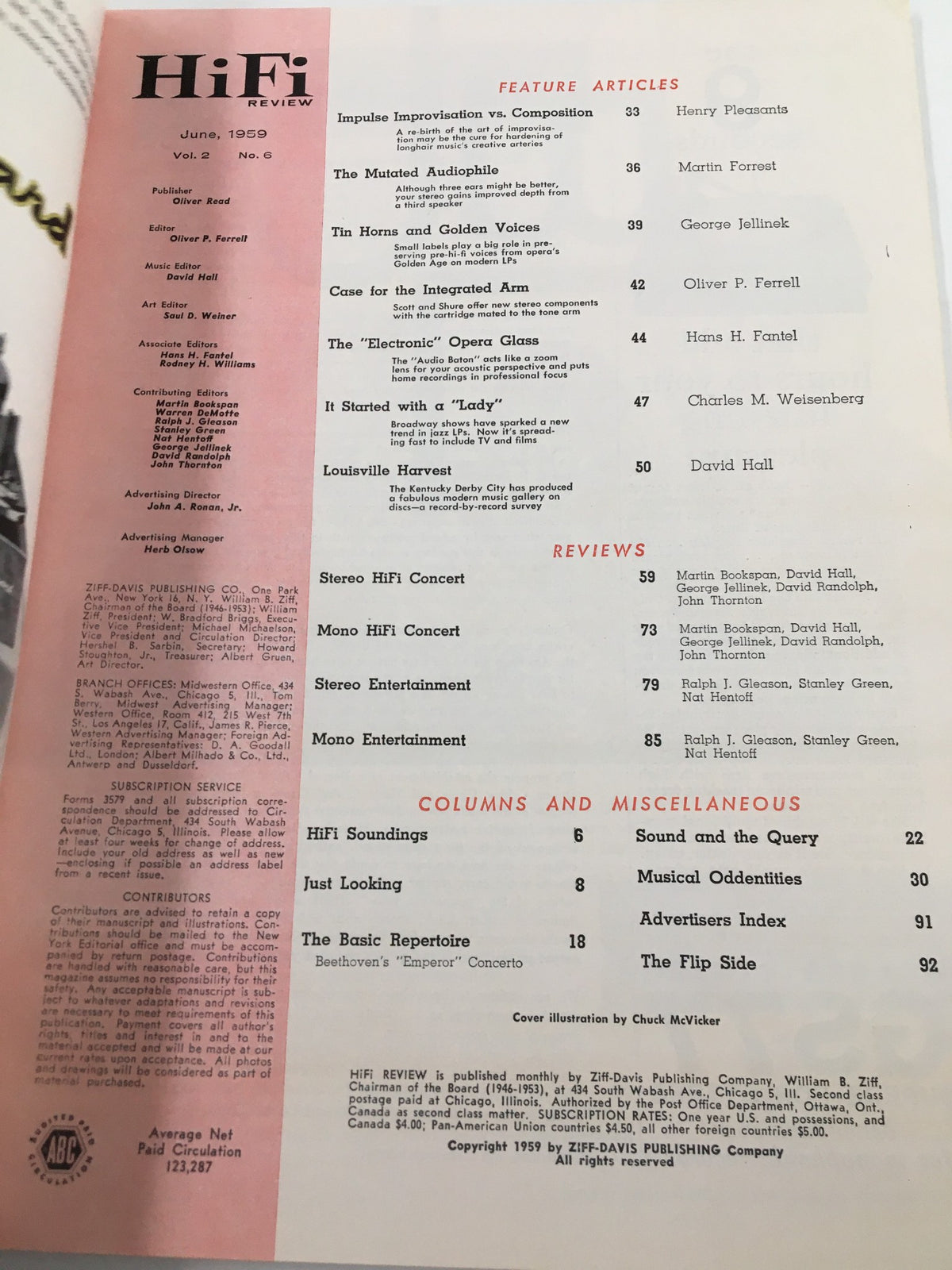 Table of contents page of the VTG HiFi Review Magazine June 1959, detailing feature articles and reviews, highlighting discussions around music technology and audio.