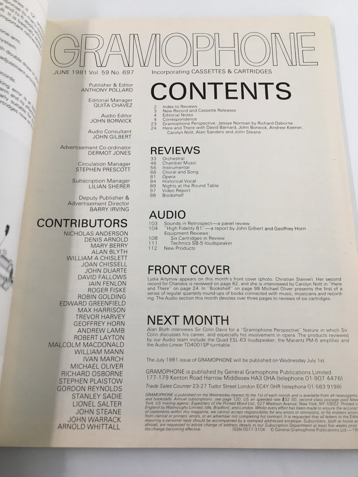 Contents page of VTG Gramophone Magazine June 1981, showcasing articles and reviews related to classical music and featuring contributions from notable musicians and critics.