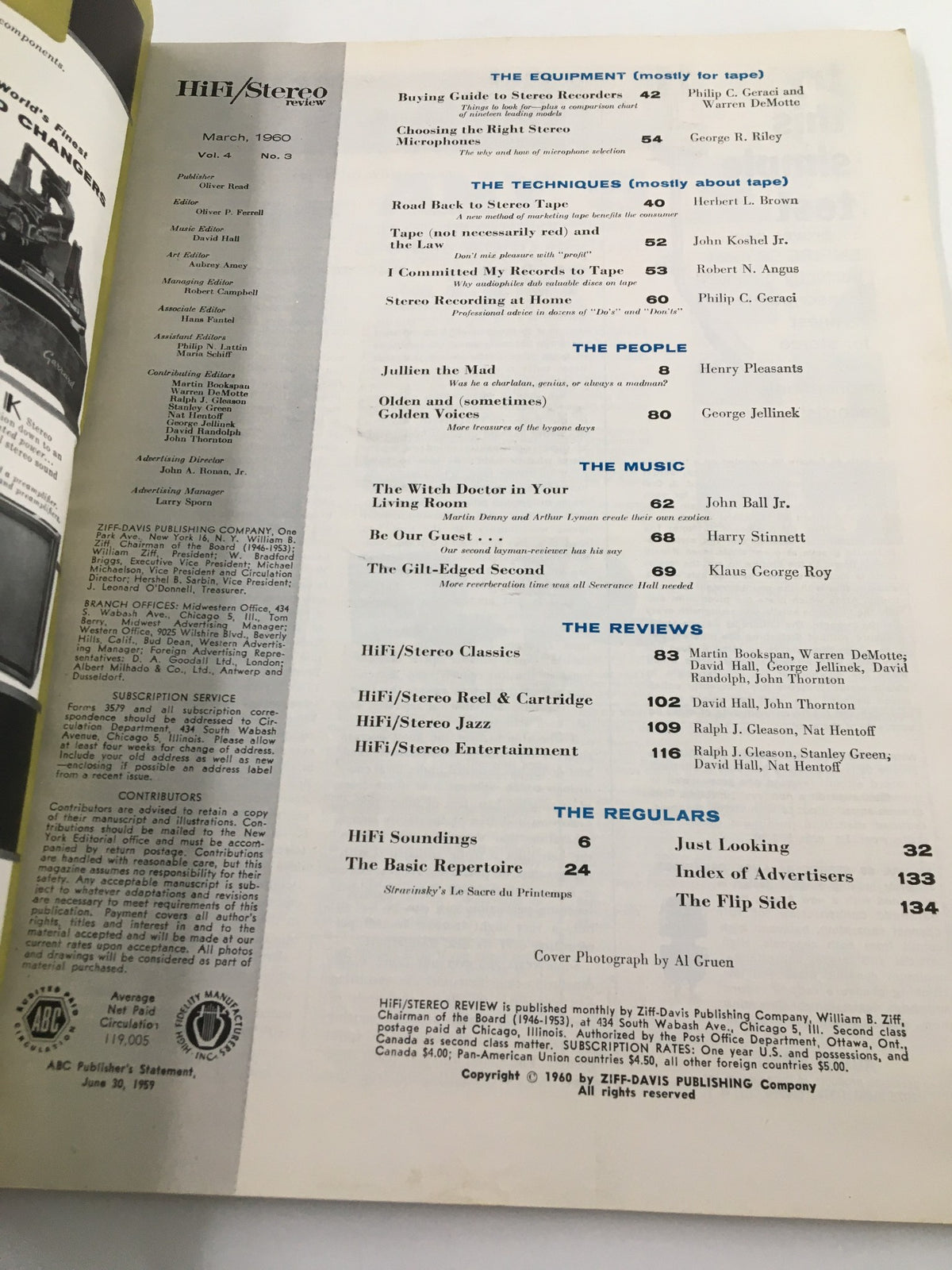 Inside page of the VTG HiFi/Stereo Review Magazine March 1960 displaying the table of contents, including features on audio equipment and techniques by various contributors.