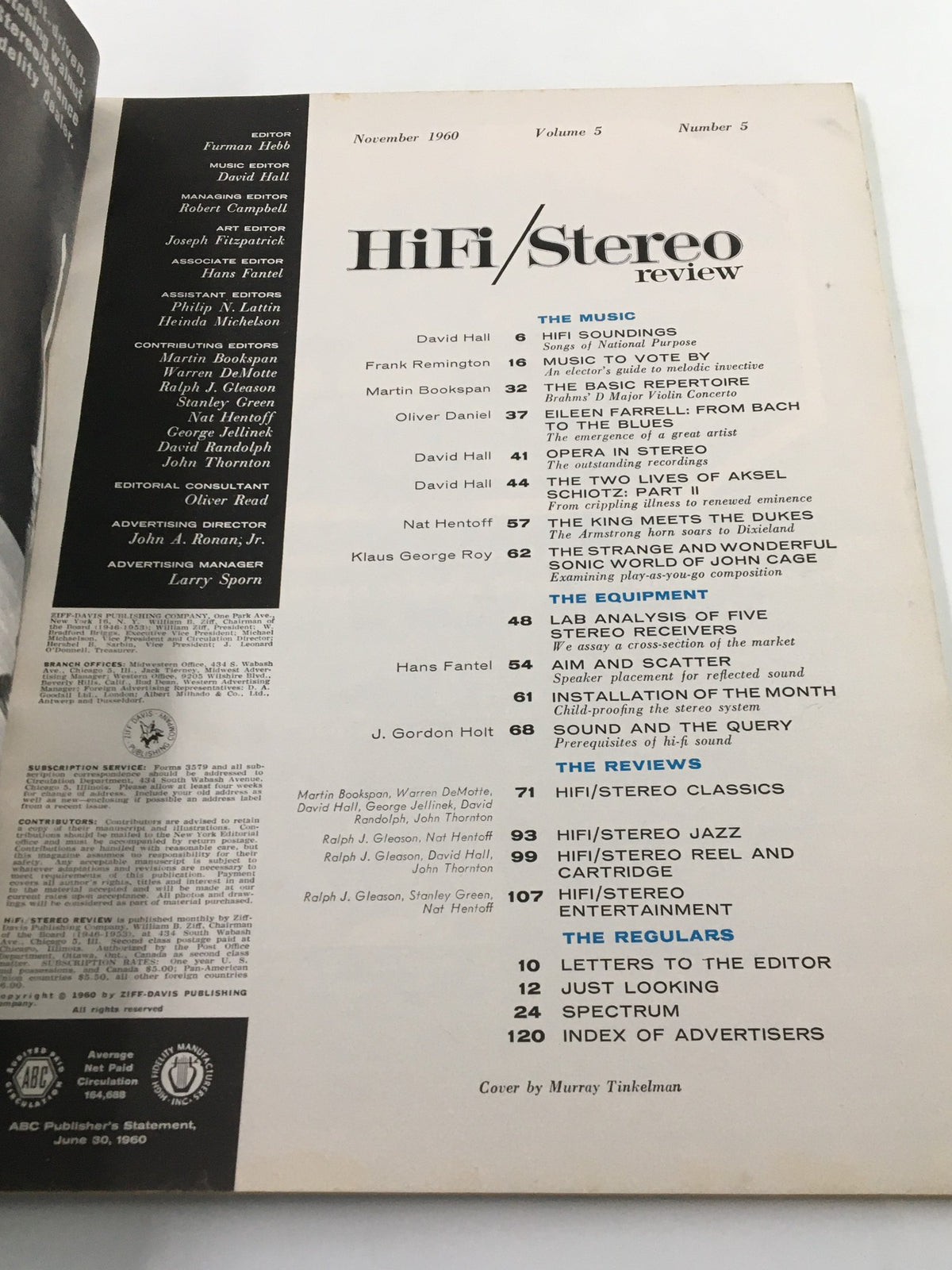 Inside page of VTG HiFi/Stereo Review Magazine November 1960 showcasing the table of contents, including articles on music, equipment, and features related to Eileen Farrell.