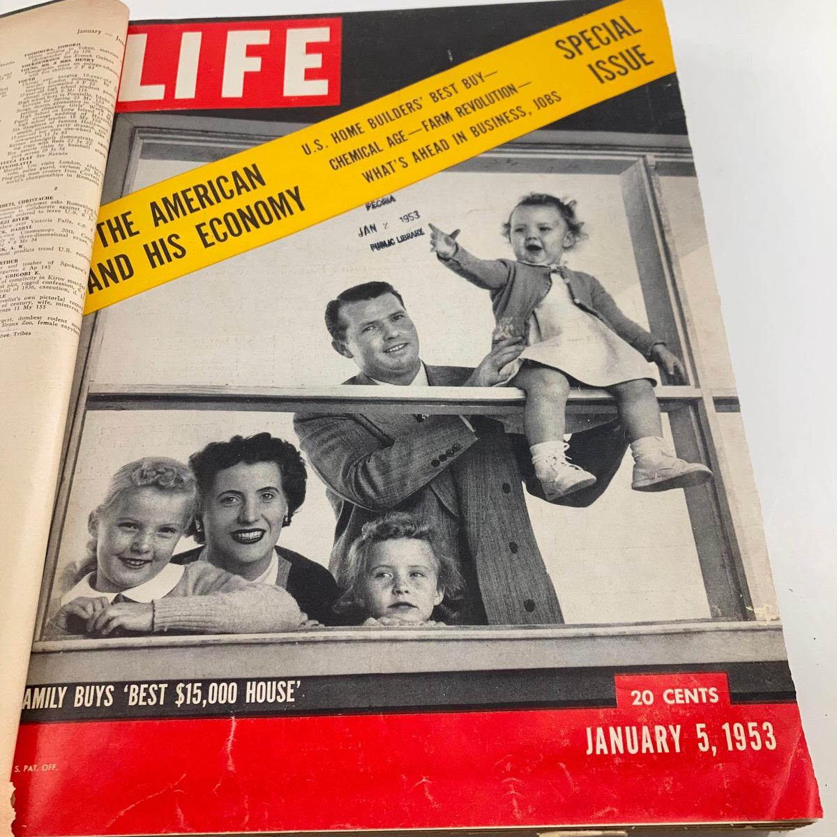 January 5, 1953 edition of the VTG 1953 Bound Life Magazine, featuring a family portrait on the cover, depicting American life and economy.