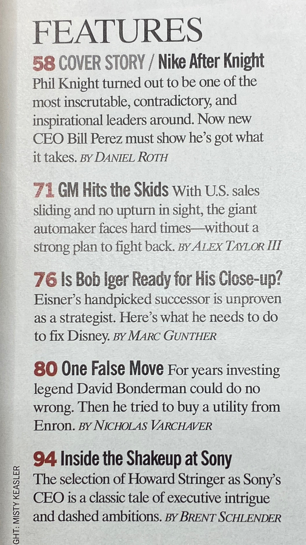 Article feature from the April 4, 2005 issue of Fortune Magazine discussing 'Nike After Knight' and corporate strategies, including analysis of General Motors and Walt Disney Company.