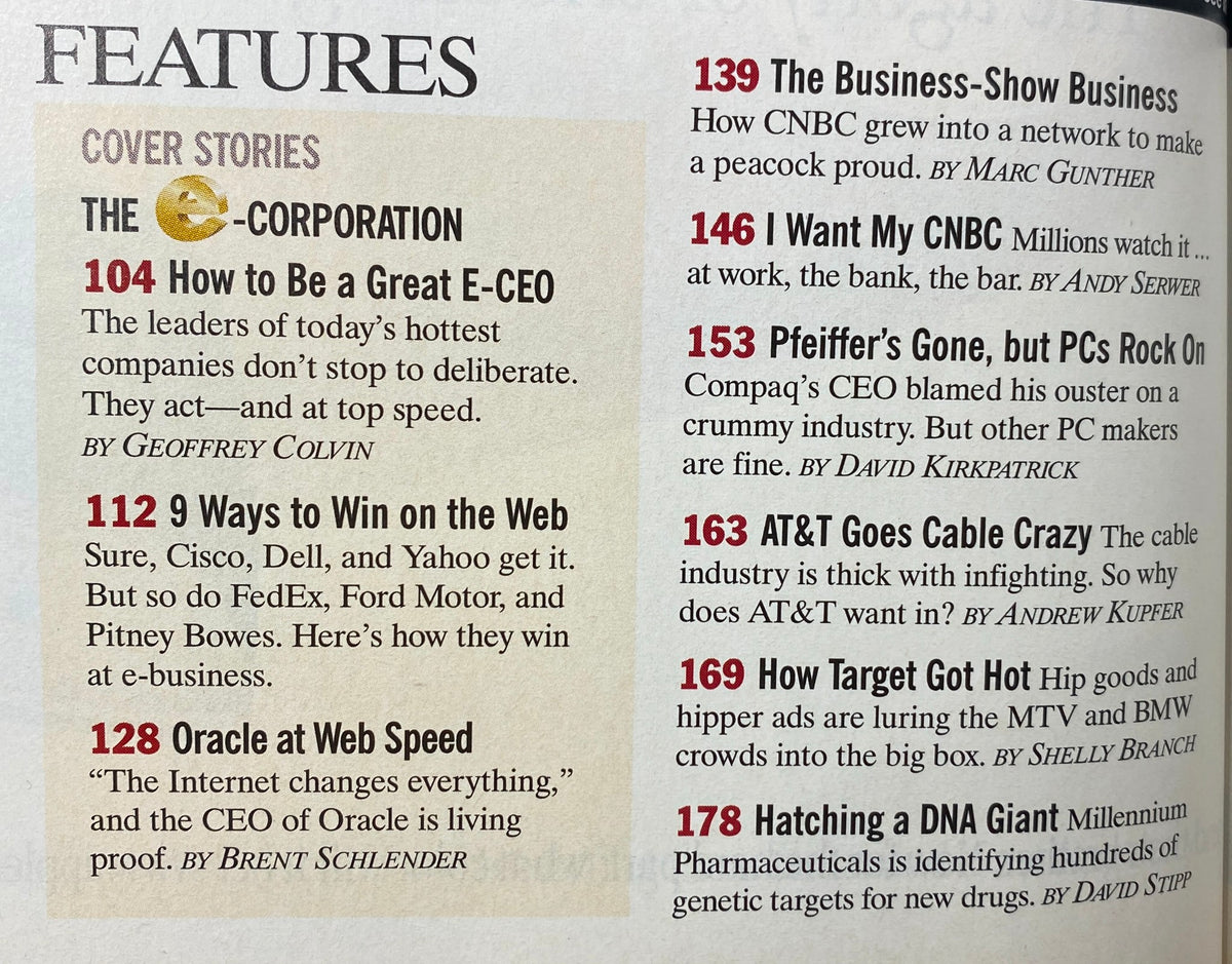 Feature article list from Fortune Magazine May 24, 1999, including topics on e-business strategies, '9 Ways to Win on the Web', showcasing insights from leading companies.