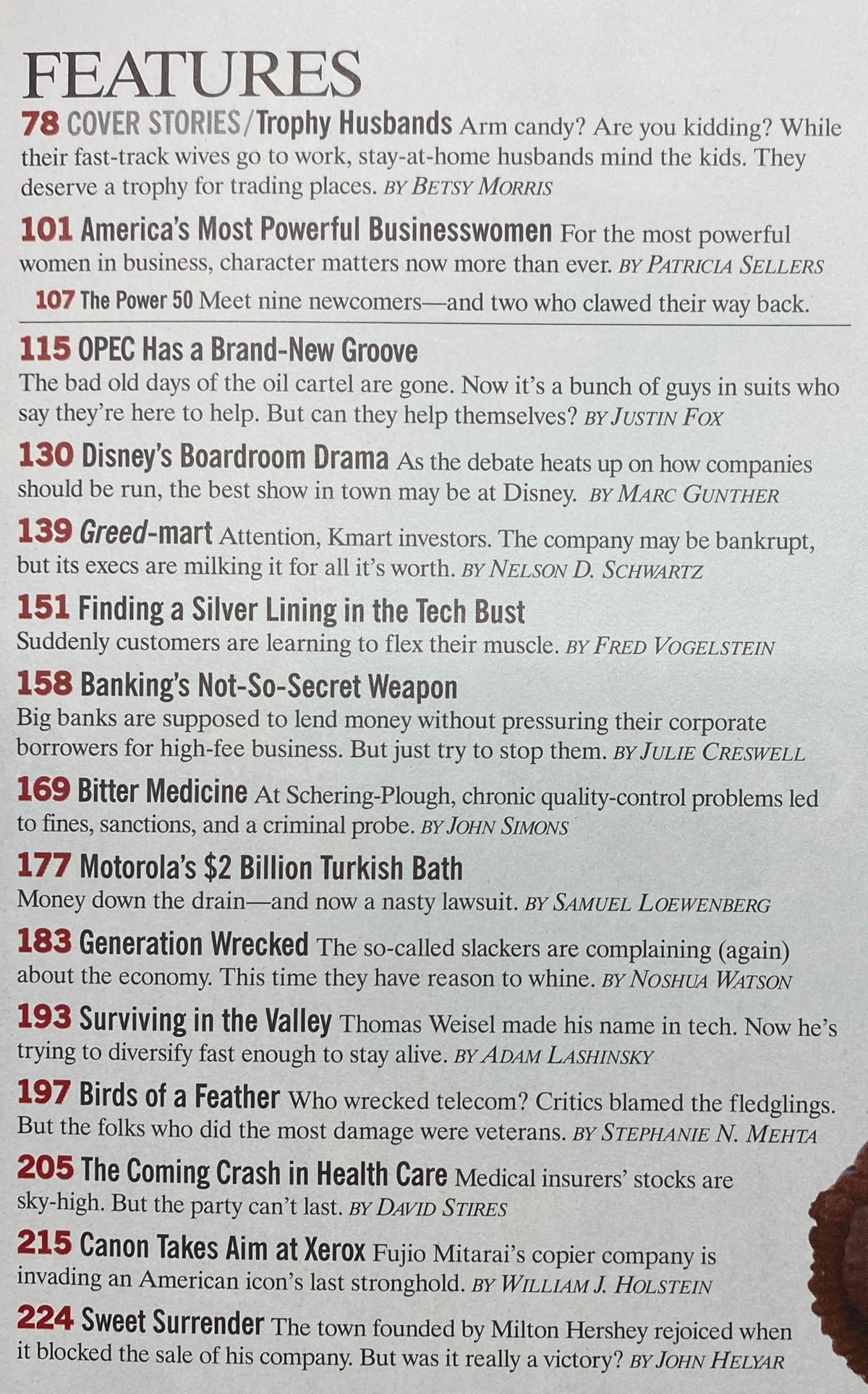 Inside page of Fortune Magazine October 14, 2002 displaying features including 'Trophy Husbands', current events, and the Power 50 Most Powerful Women in Business.