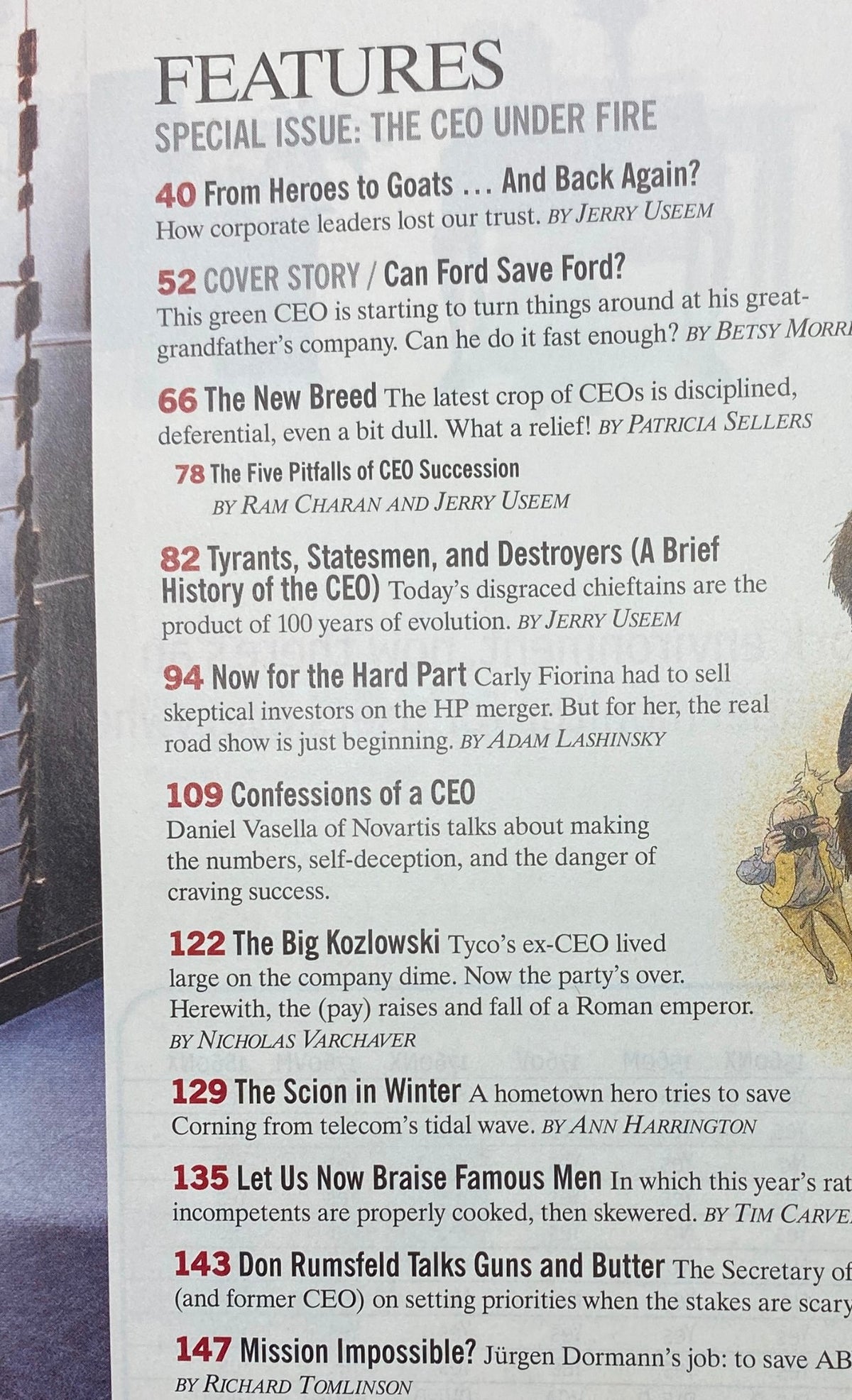 Table of contents from Fortune Magazine, November 18, 2002 issue featuring a special section on corporate leadership titled 'The CEO Under Fire' alongside notable articles including 'Can Ford Save Ford?' by Betsy Morris, which discusses William Clay Ford Jr.'s leadership at Ford Motor Company.
