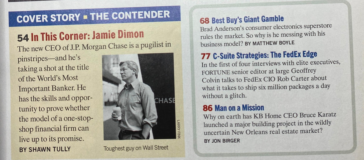 Interior page from Fortune Magazine April 3, 2006, highlighting an article on Jamie Dimon, new CEO of J.P. Morgan Chase, along with features on Best Buy and FedEx.