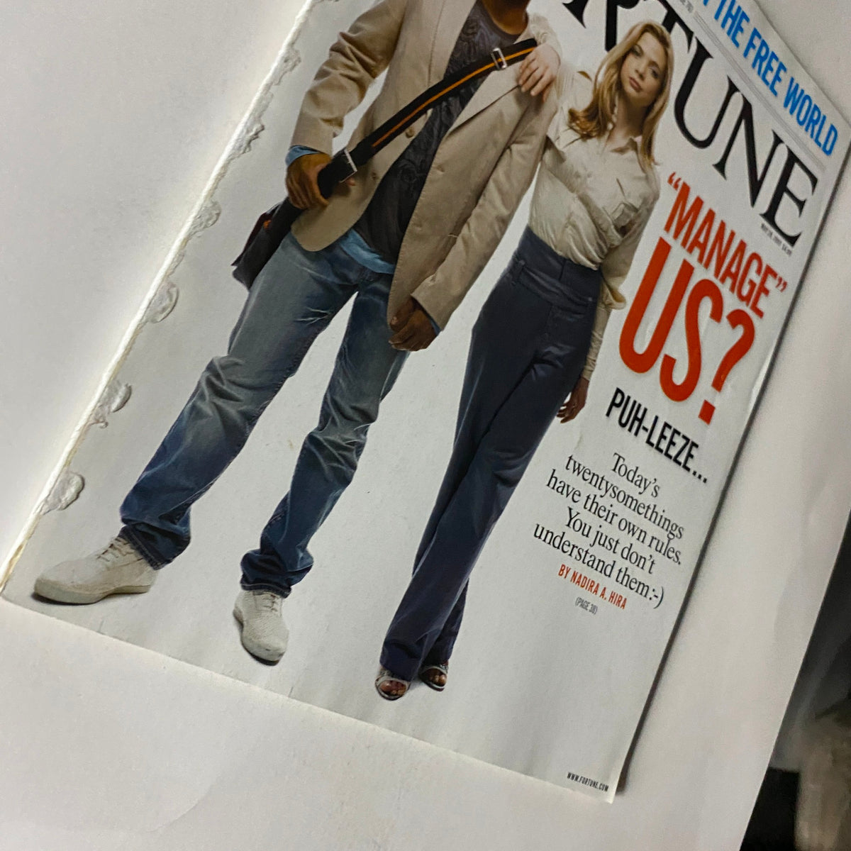 Close-up of the cover of Fortune Magazine May 28, 2007 showing the article title 'Manage Us?' questioning the understanding of twentysomethings in the workplace.