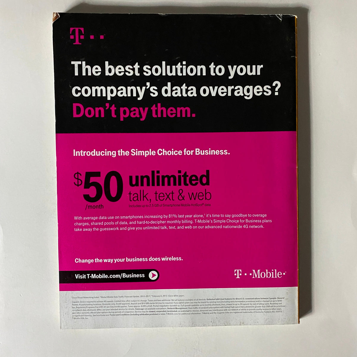 Advertisement from T-Mobile for business solutions promoting $50 unlimited talk, text, and web plans, related to Fortune Magazine October 28, 2013 featuring Sheryl Sandberg.