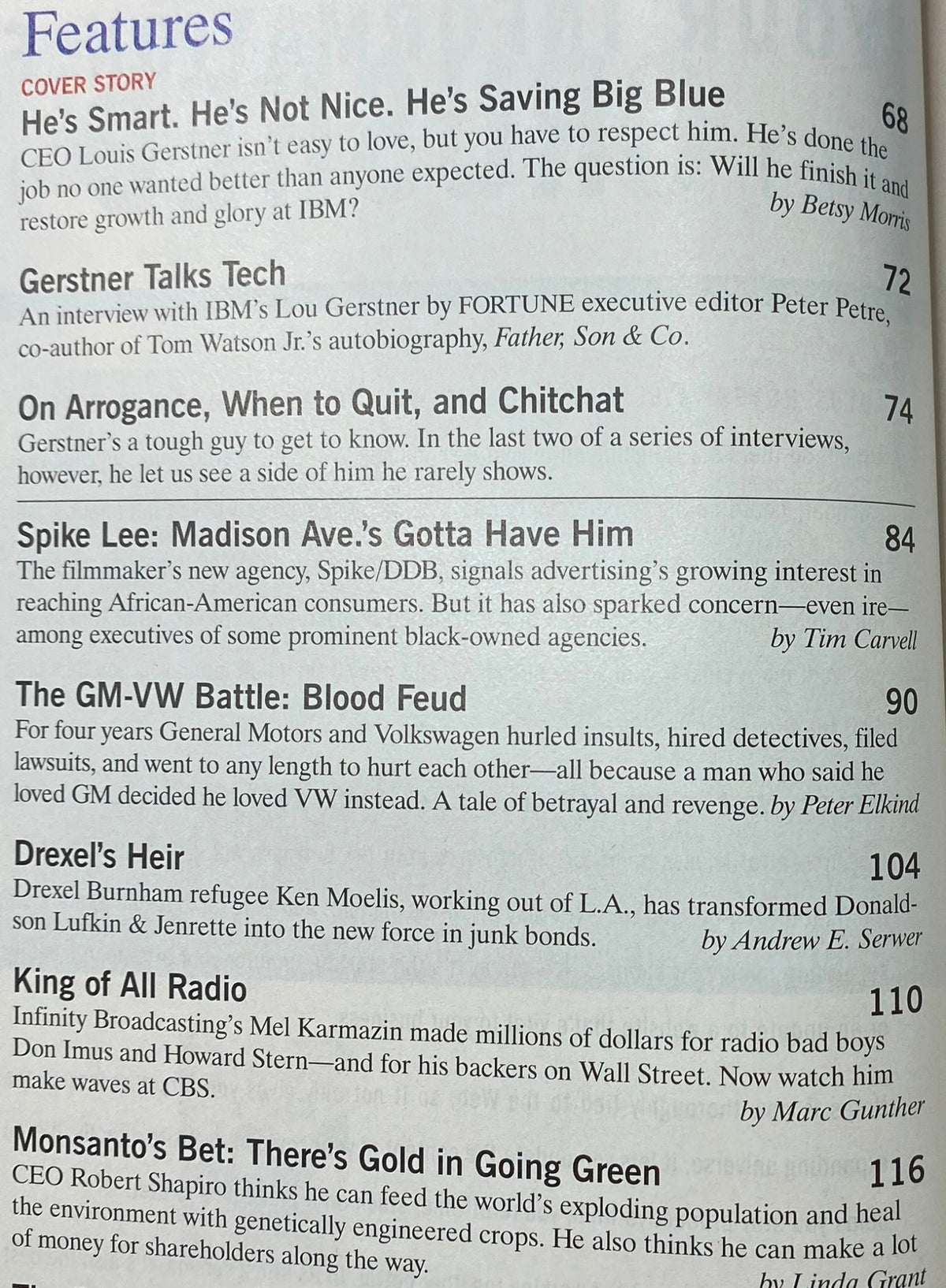 Features page from Fortune Magazine April 14, 1997, detailing articles including 'He's Smart. He's Not Nice. He's Saving Big Blue' and 'Gerstner Talks Tech,' offering a glimpse into the content focused on corporate challenges.