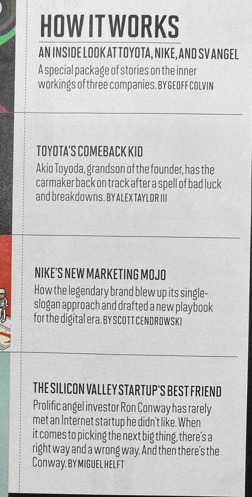Article page from the February 27, 2012 issue of Fortune Magazine with sections titled 'How It Works,' 'Toyota’s Comeback Kid,' and 'Nike’s New Marketing Mojo.' Provides insights into company strategies and leadership.