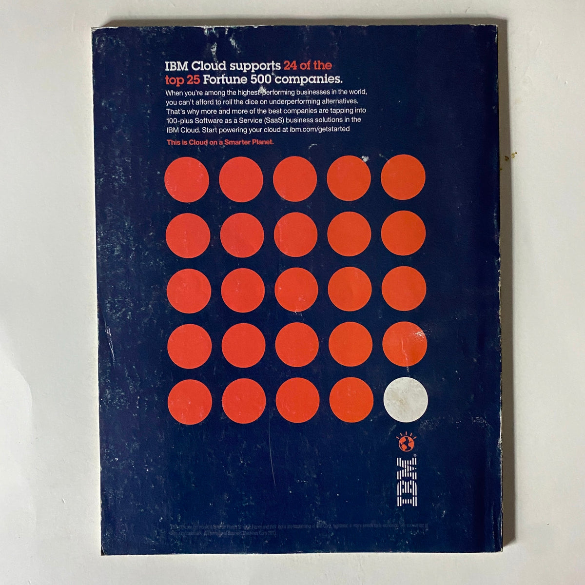 Back cover of Fortune Magazine February 24, 2014, highlighting IBM Cloud's support for the top 25 Fortune 500 companies, featuring a minimalist design with a graphic of red dots.