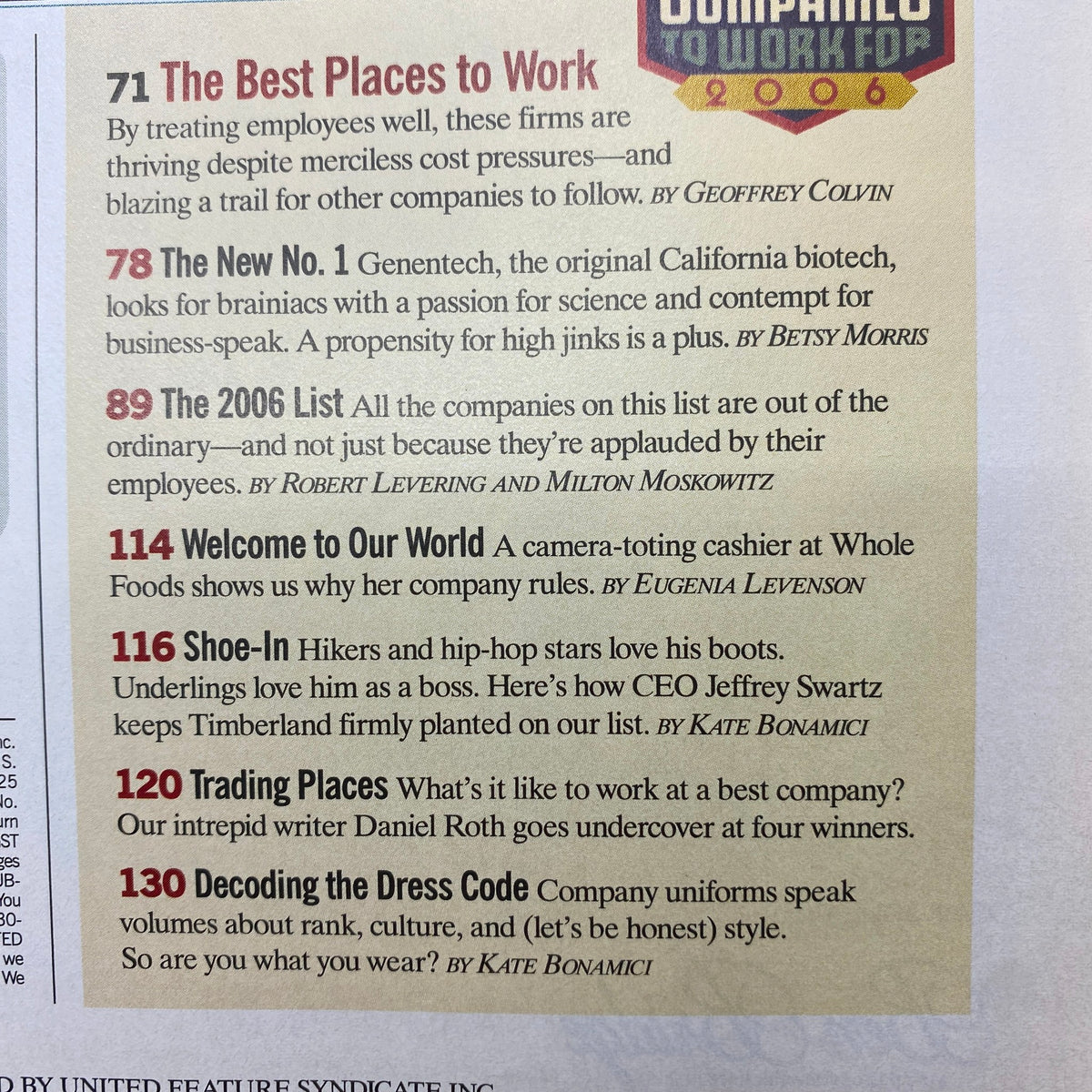Fortune Magazine January 23, 2006 - Page featuring 'The Best Places to Work' ranking and articles discussing employee satisfaction and workplace culture.