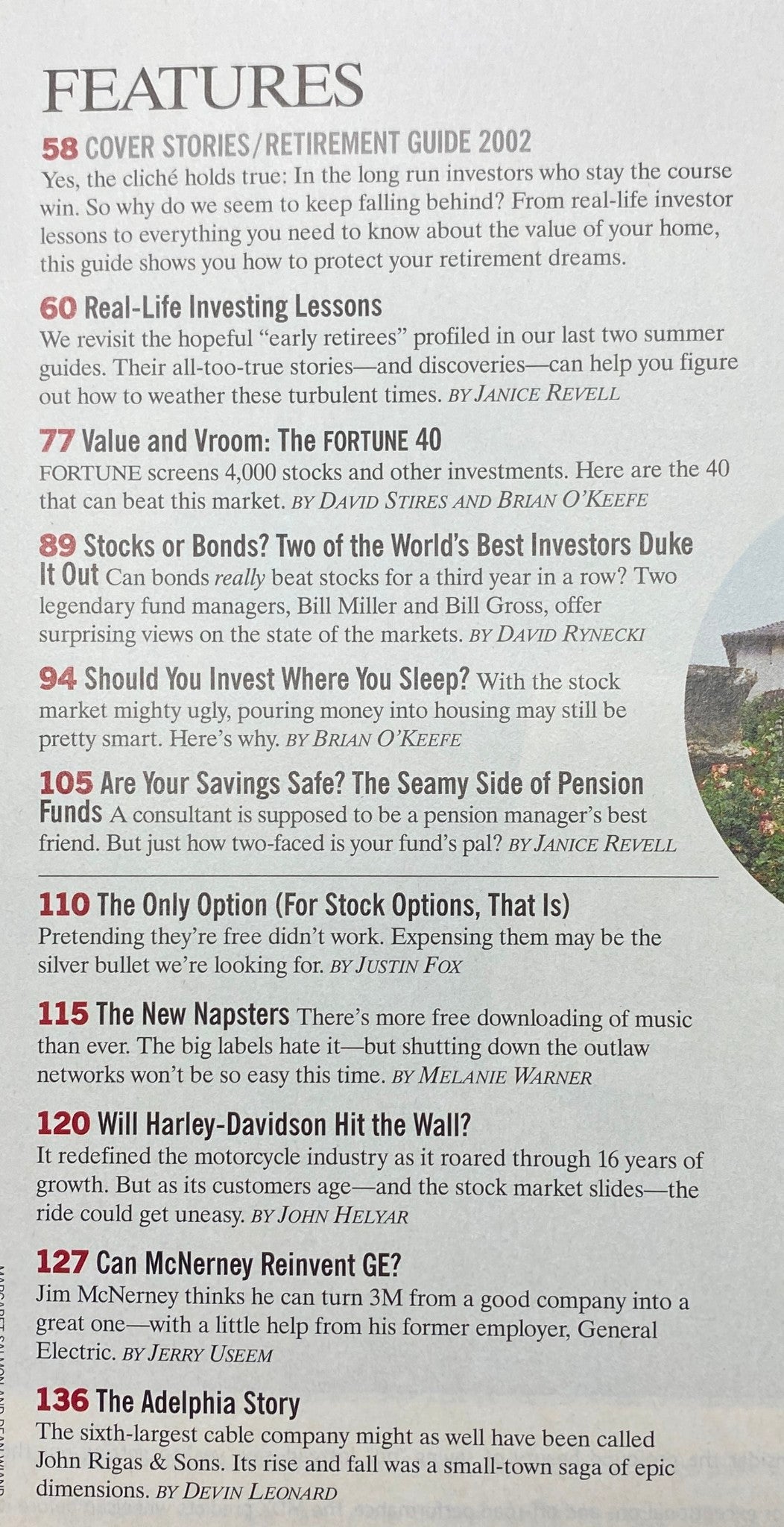 Contents page of Fortune Magazine August 12, 2002 outlining features like 'Real-Life Investing Lessons' and 'The Fortune 40' related to retirement and investment strategies.