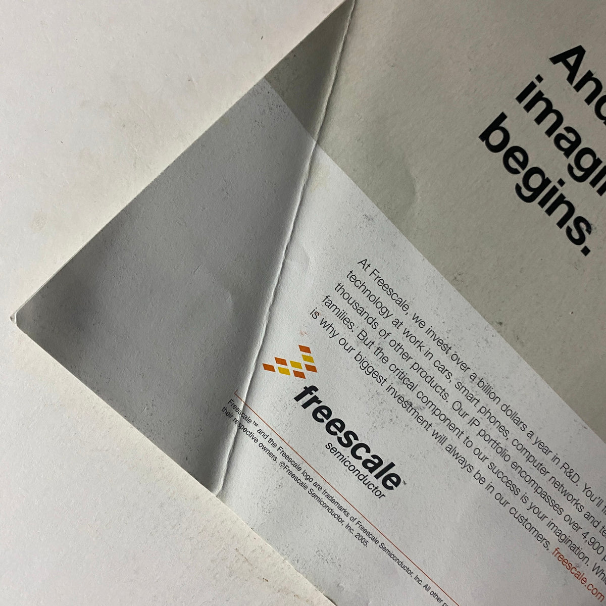 Close-up view of the back cover of Fortune Magazine November 2005, displaying a Freescale logo and the phrase: 'It's where a billion dollars of our research ends.' This vintage magazine is sought after for its insights into the real estate market and business innovations.