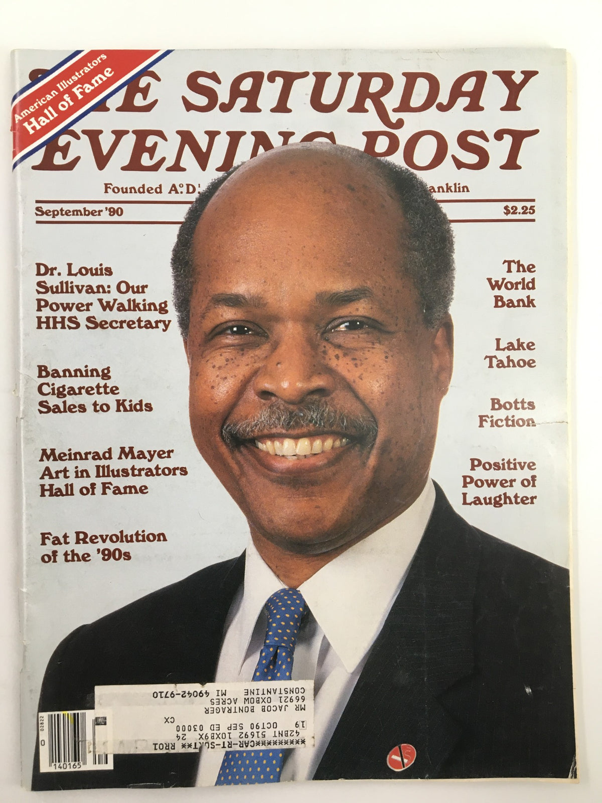The Saturday Evening Post September 1990 featuring Dr. Louis Sullivan, HHS Secretary on the cover, highlighting American healthcare history with articles on societal topics from the early '90s.