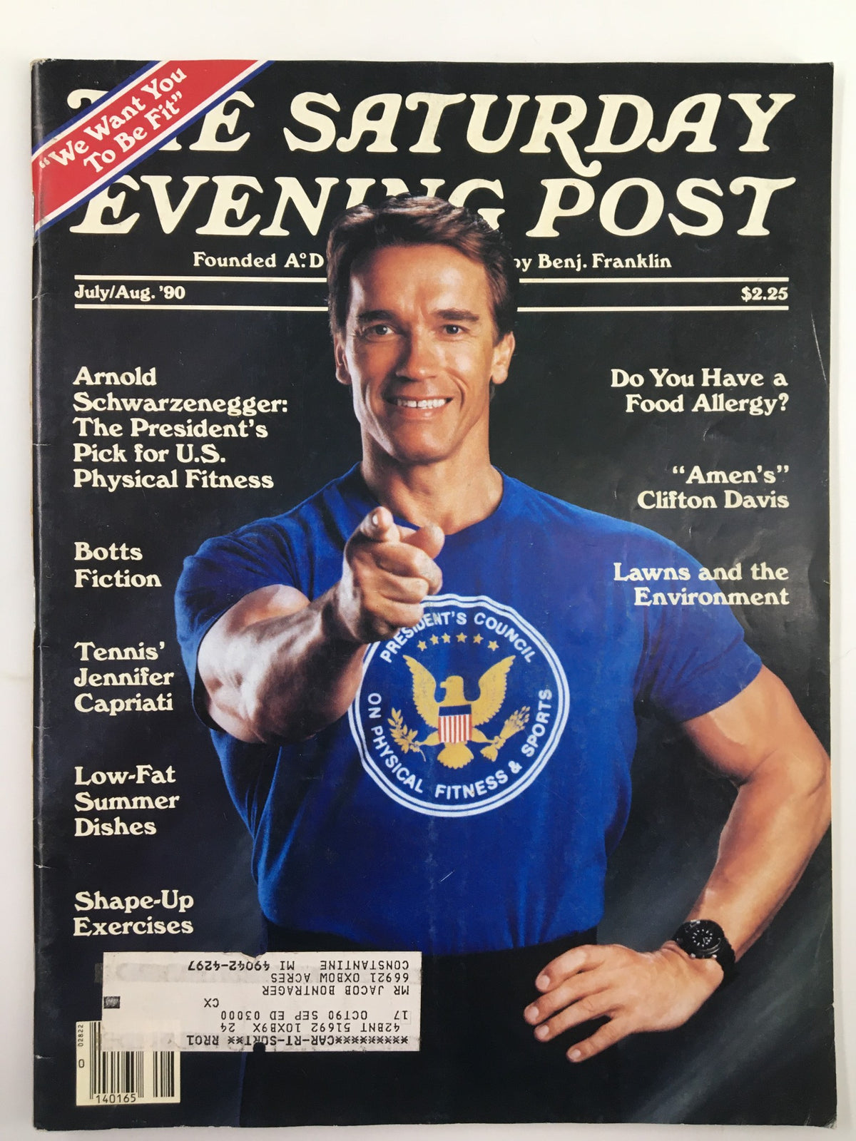 Cover of The Saturday Evening Post July 1990 featuring Arnold Schwarzenegger, highlighting his role in promoting U.S. Physical Fitness.