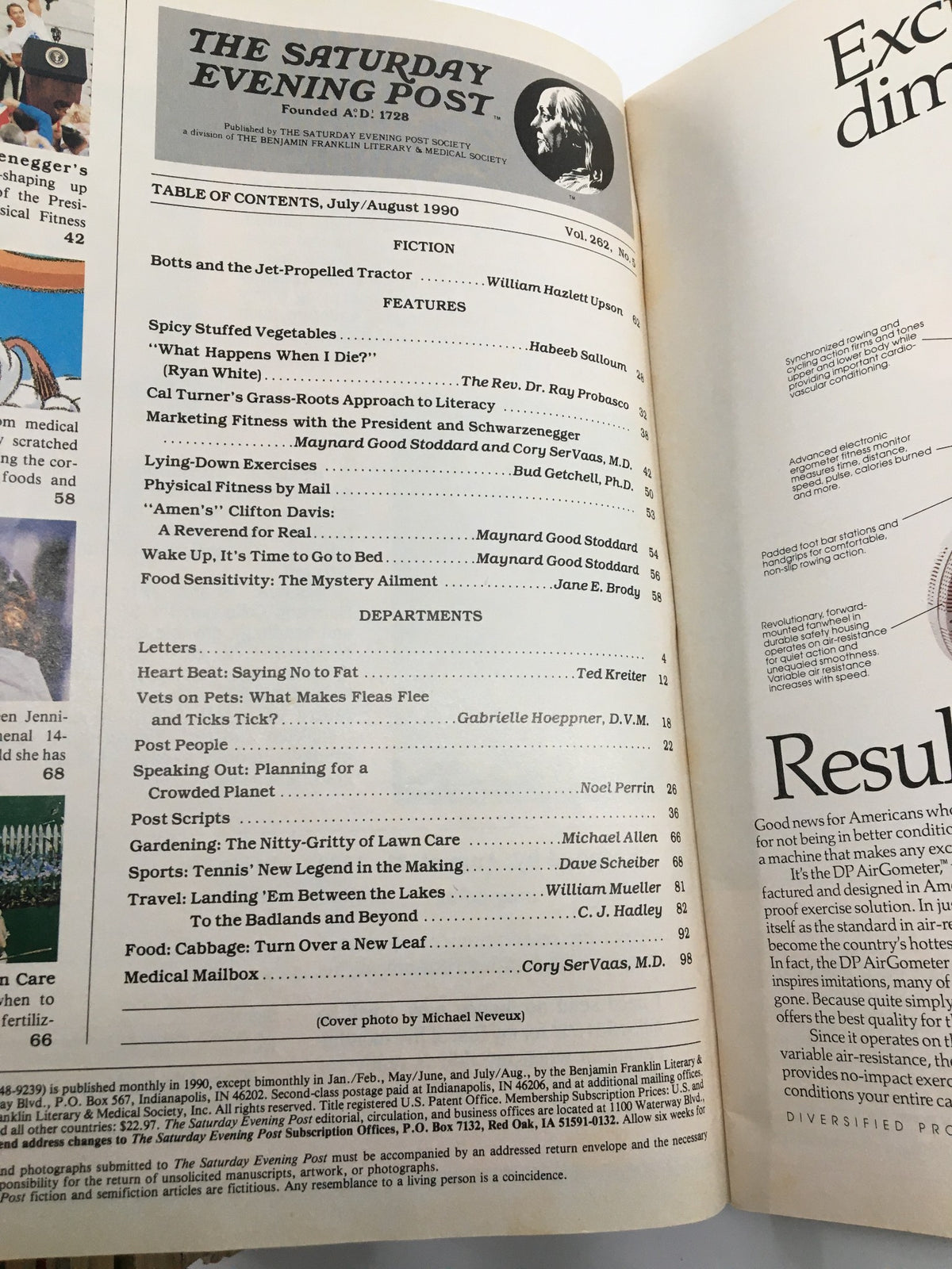 Inside page from The Saturday Evening Post July 1990 showing the table of contents, featuring articles related to fitness and health.