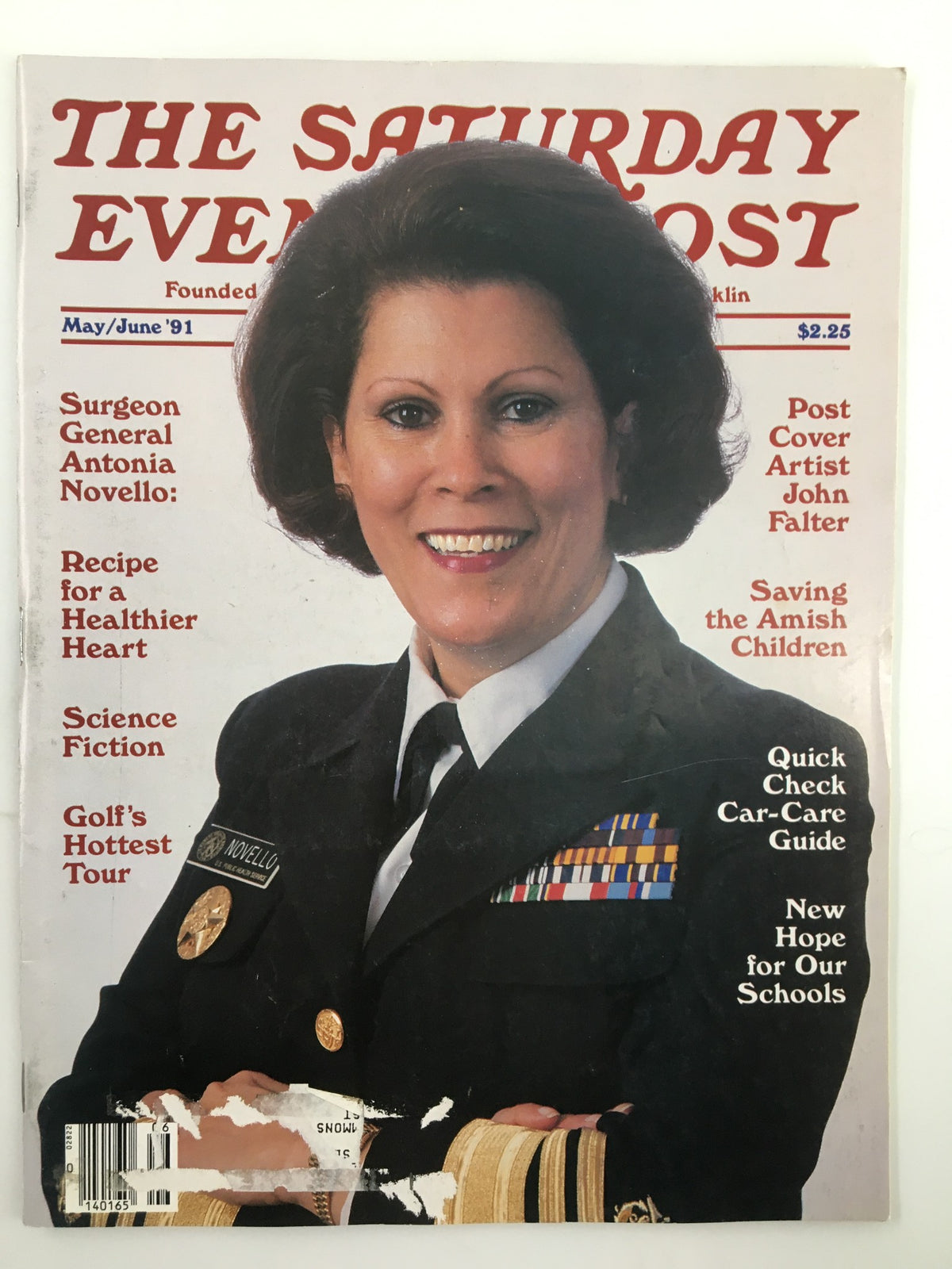 Cover of The Saturday Evening Post May 1991 featuring Surgeon General Antonia Novello. The cover showcases Novello in her military uniform, highlighting her role in public health advocacy. This vintage magazine reflects the critical health topics of the early 1990s.