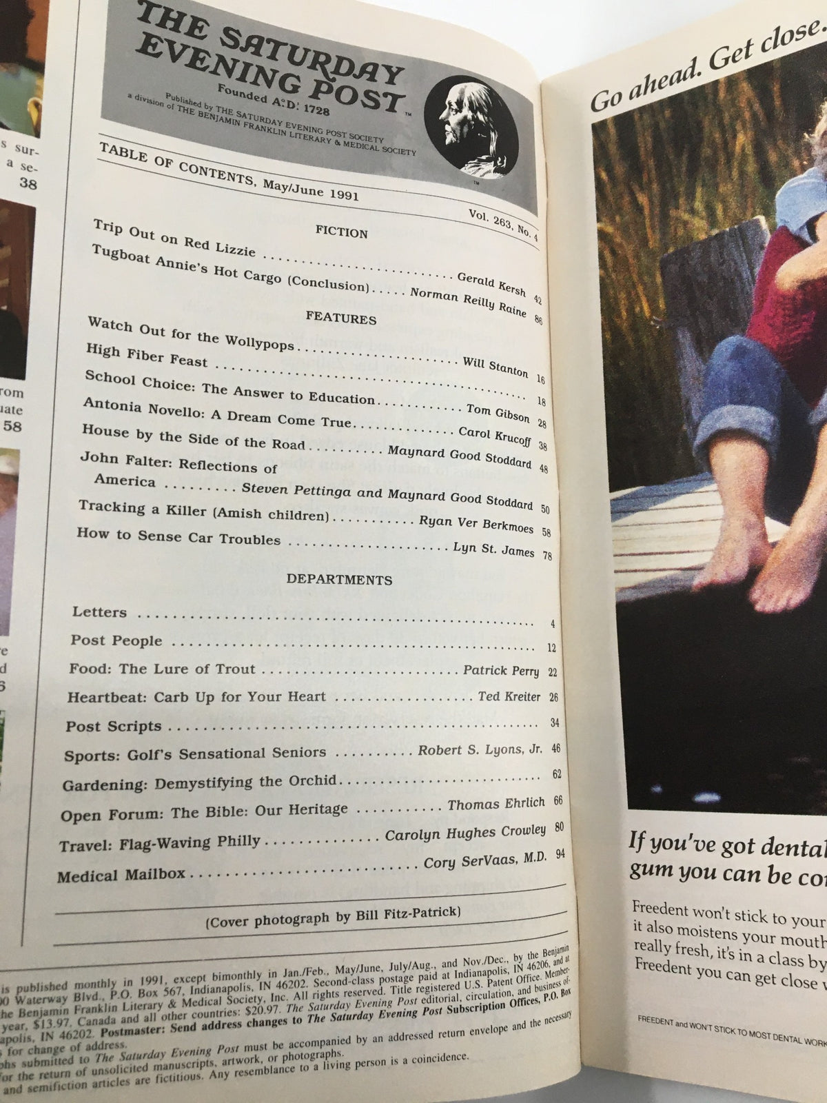 Inside page of The Saturday Evening Post May 1991 issue, featuring the table of contents with various articles, including a feature on Antonia Novello, the first woman and first Hispanic Surgeon General of the United States. This vintage magazine captures pivotal topics of public health and society from the early 1990s.