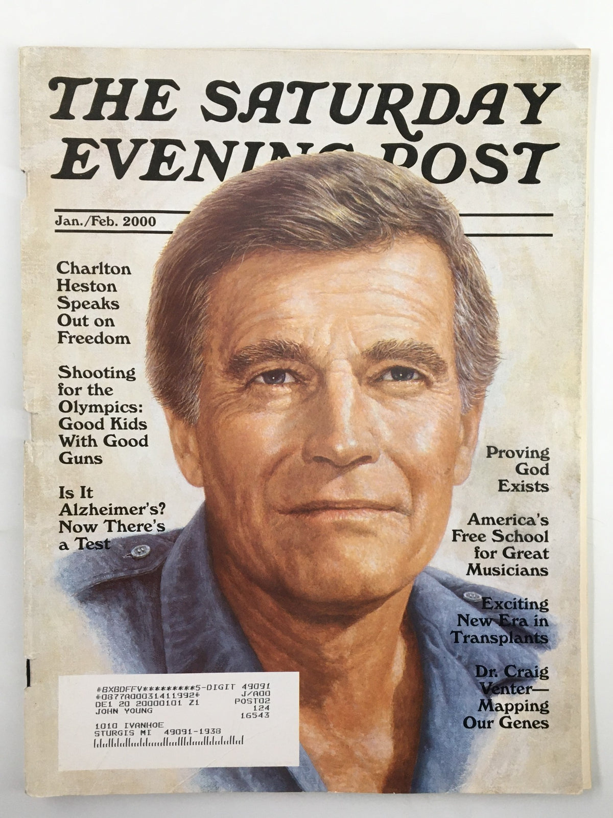 Cover of The Saturday Evening Post, January 2000 featuring Charlton Heston discussing freedom. The magazine's title is prominently displayed.