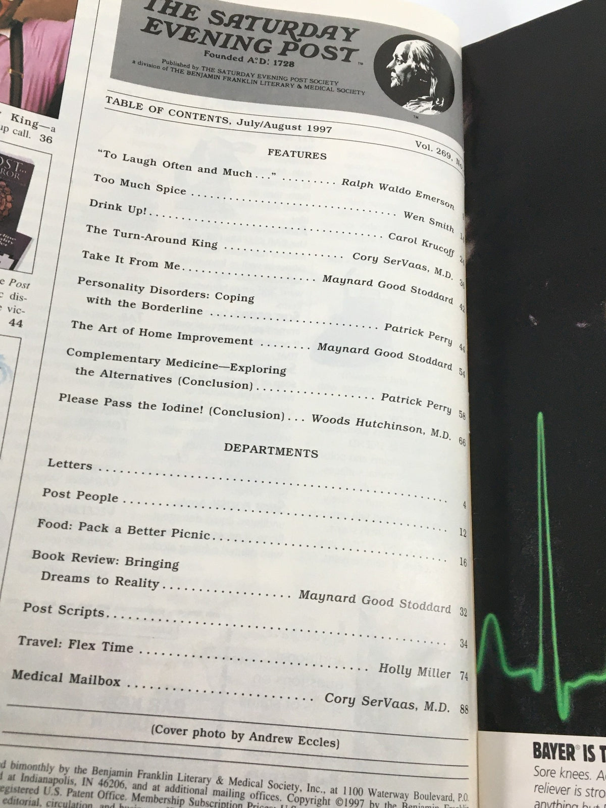 Table of contents from The Saturday Evening Post, July 1997, highlighting articles including 'The Turn-Around King' and various features relevant to the era.