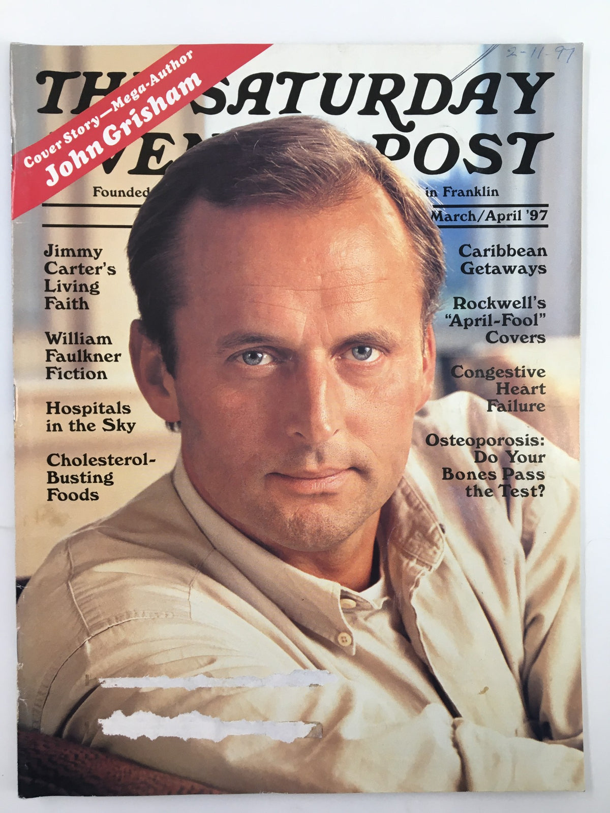 Cover of The Saturday Evening Post March 1997 featuring the title and a close-up of an unidentified male model, highlighting articles about Jimmy Carter's faith and William Faulkner's fiction.