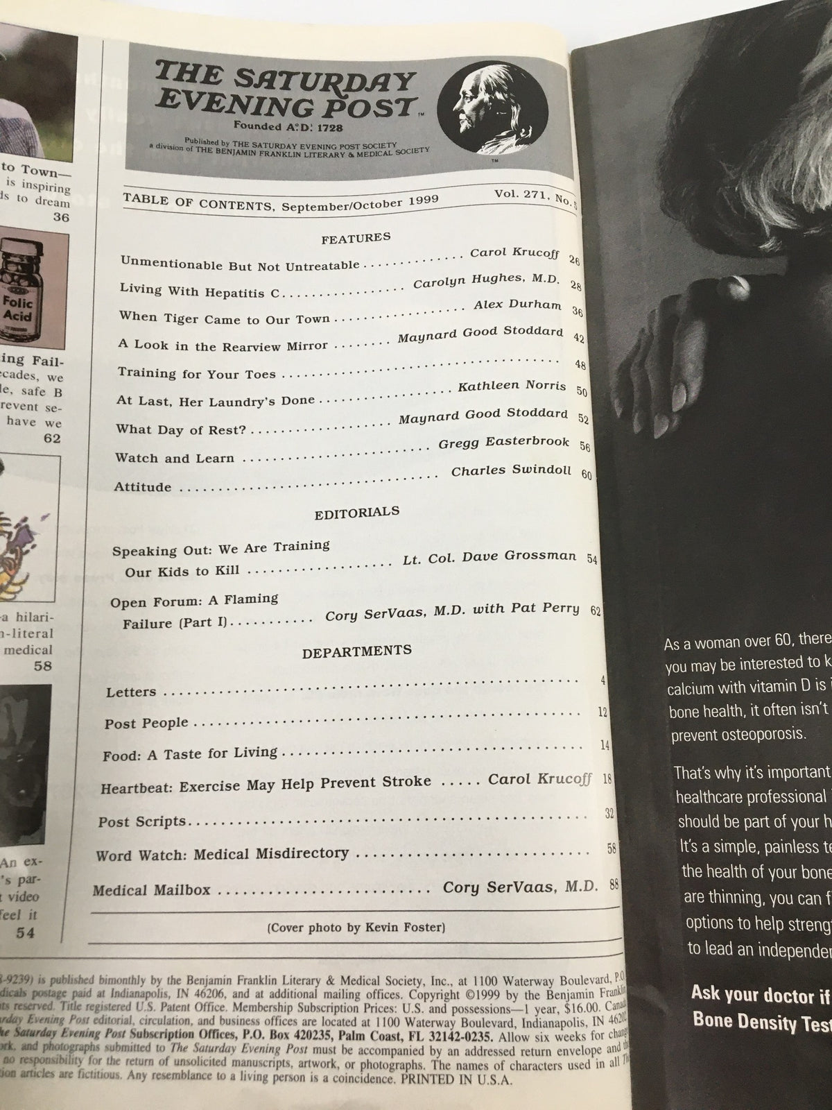 Table of contents from The Saturday Evening Post September 1999, listing featured articles and sections. This edition includes insights related to Tiger Woods and Mike Milken, catering to collectors of vintage magazines.