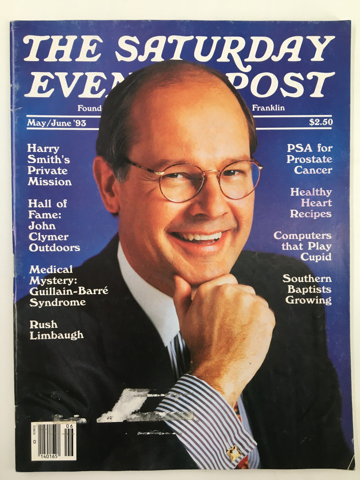 Cover of The Saturday Evening Post May 1993 showcasing outdoor themes with a portrait of a smiling man, relevant to the issue featuring Harry Smith and John Clymer's articles on outdoor life.