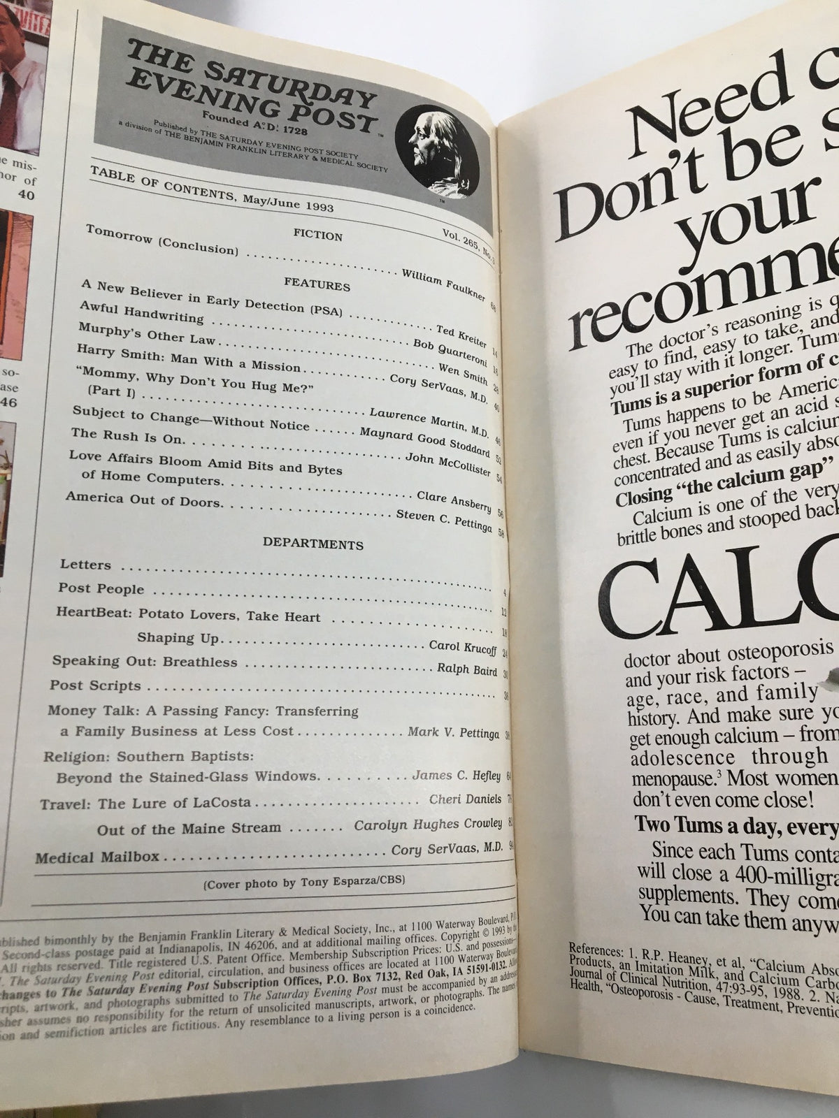 Inside page of The Saturday Evening Post May 1993 displaying the table of contents, highlighting various articles including features on outdoor activities, medical topics, and more.