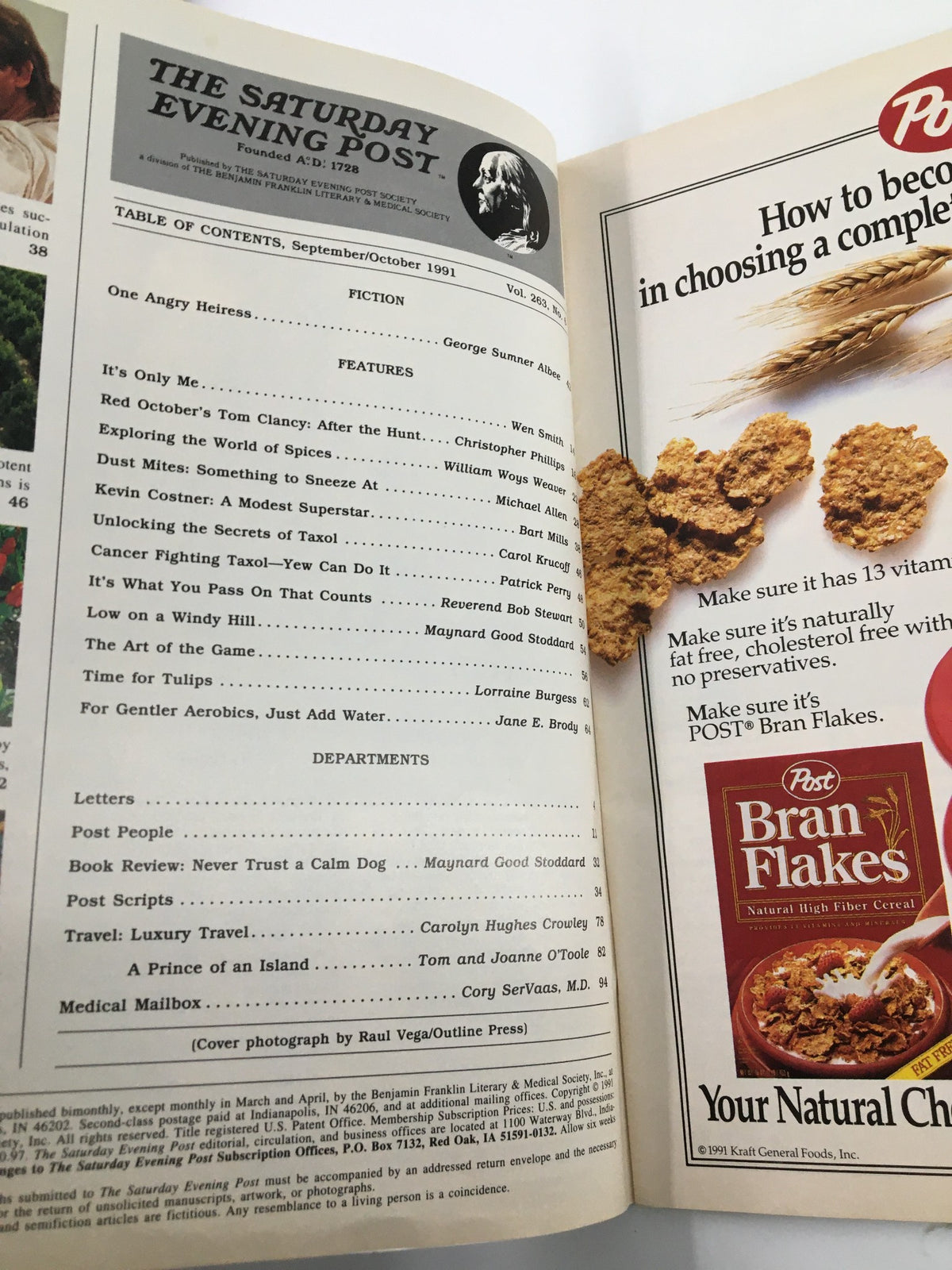 Inside page of The Saturday Evening Post October 1991 displaying the table of contents including features on Kevin Costner and more.