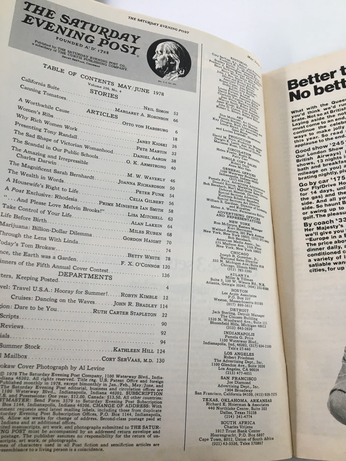 Interior view of The Saturday Evening Post May 1978 featuring the Table of Contents with articles and contributors, reflecting the magazine's historical significance and cultural relevance.