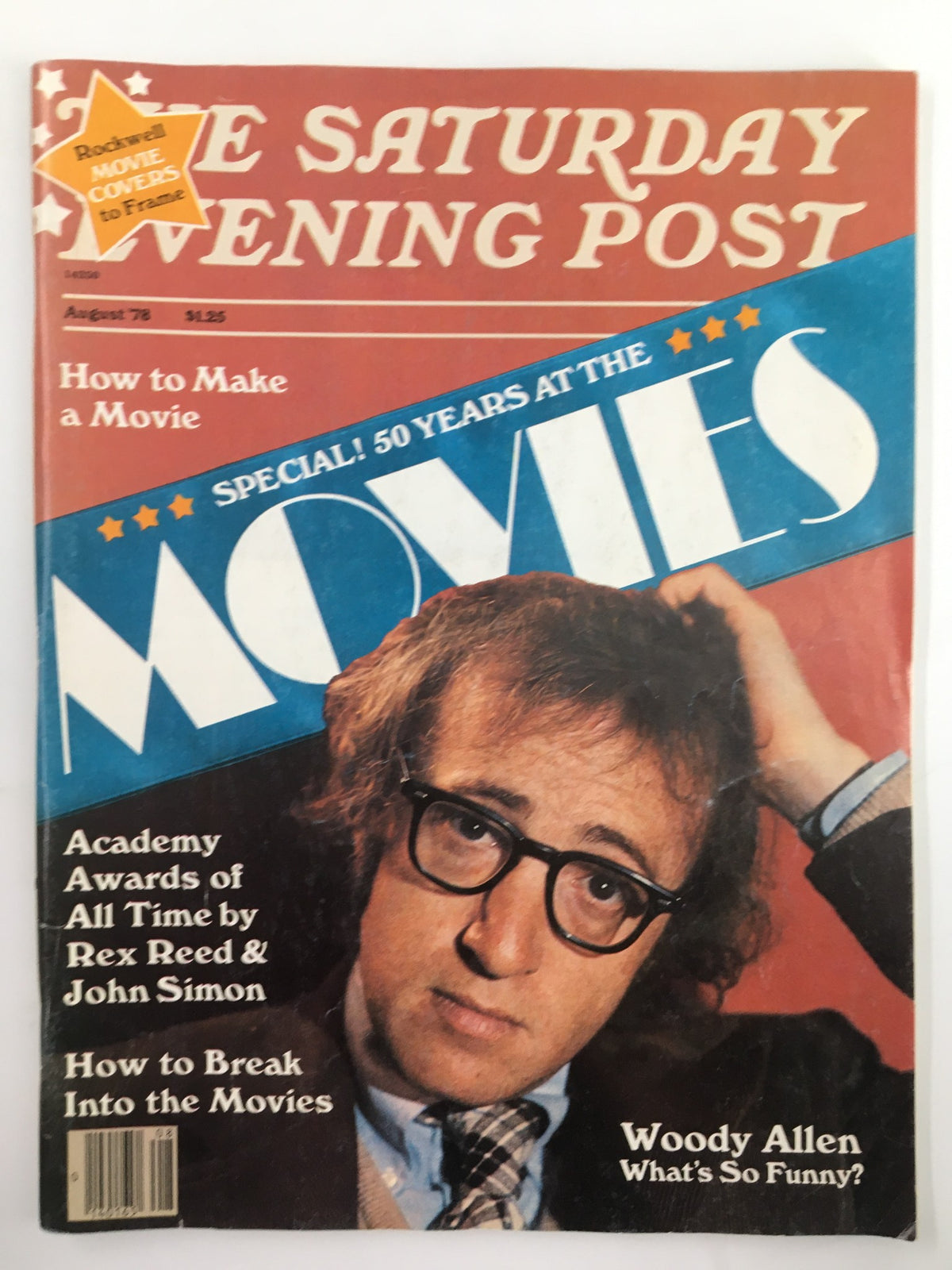 Cover of The Saturday Evening Post, August 1978, featuring Woody Allen, with articles about films and insights from Rex Reed and John Simon. Displays vintage design elements and nostalgic appeal.