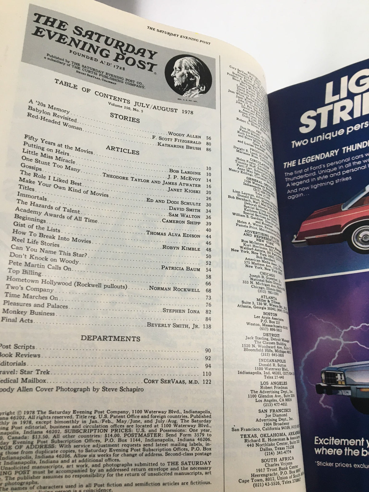 The Saturday Evening Post August 1978 showcasing the table of contents featuring articles by Woody Allen, F. Scott Fitzgerald, and others. This vintage magazine reflects the cultural essence of the late 70s with notable critiques and stories.