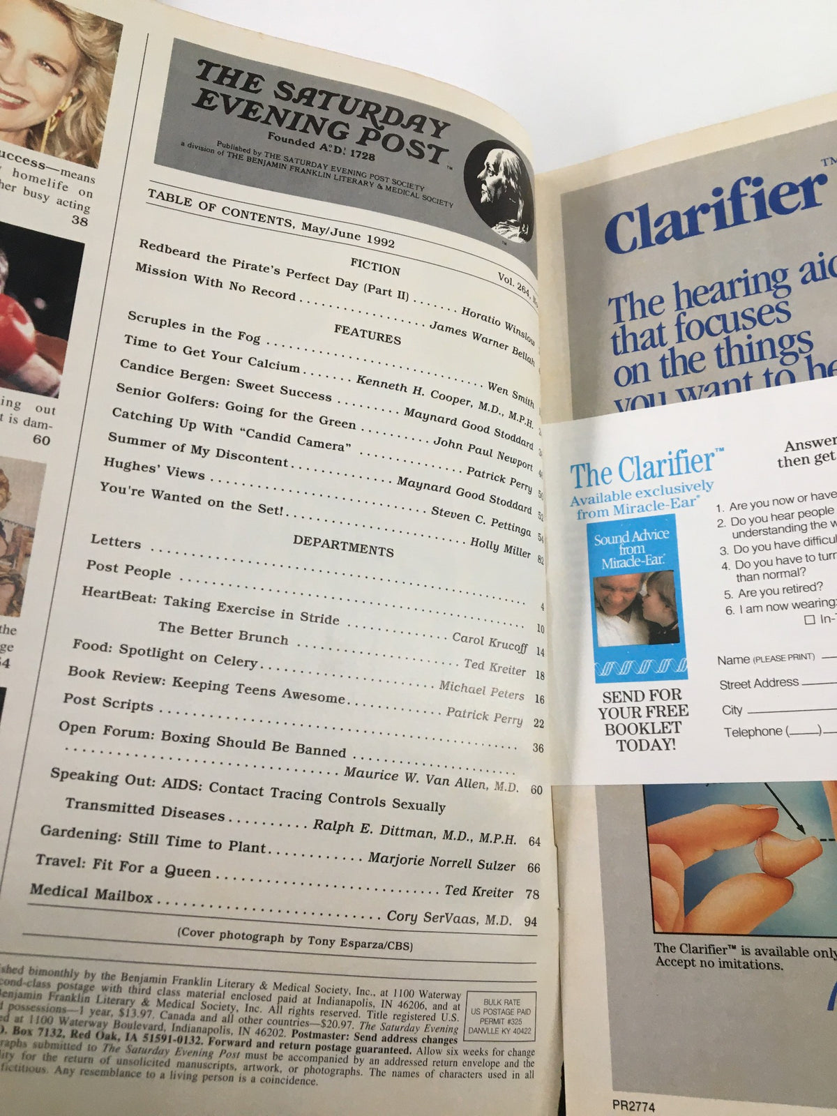 Inside page of The Saturday Evening Post, May 1992, displaying the table of contents, showcasing features including Candice Bergen's sweet success and other cultural articles.