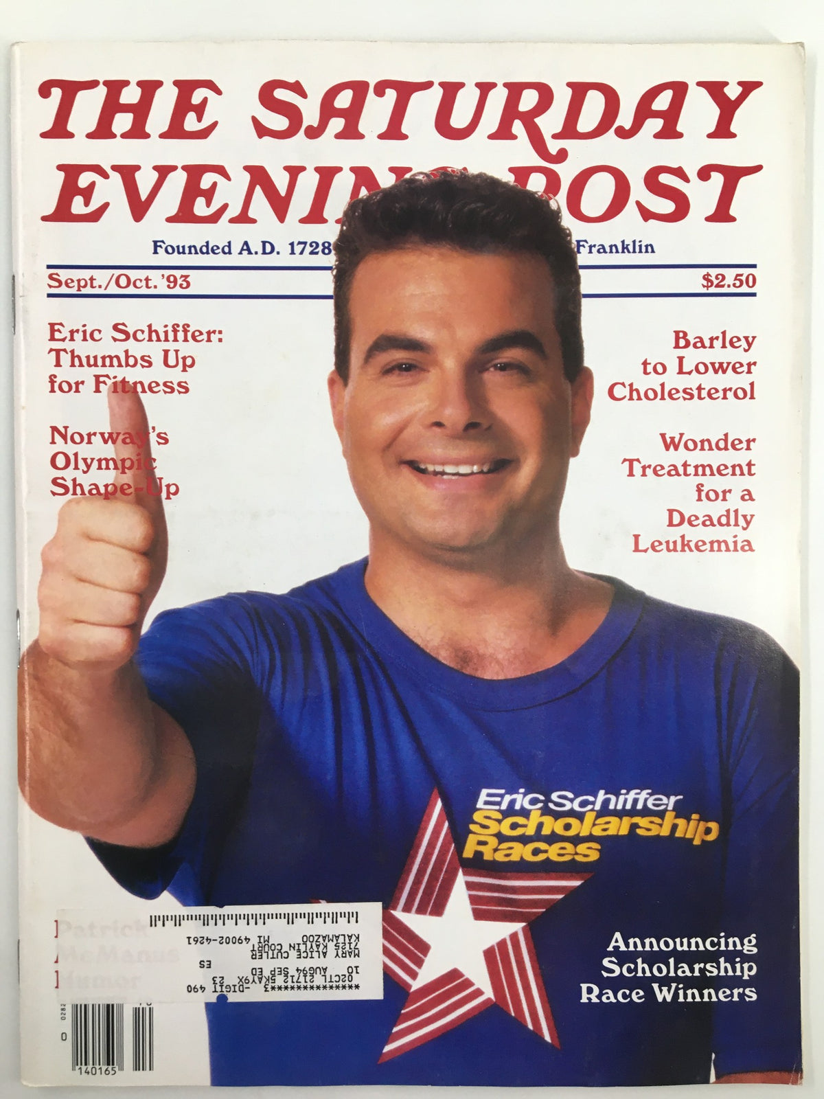 Cover of The Saturday Evening Post, September 1993 issue featuring the article 'Thumbs Up for Fitness' by Eric Schiffer. The cover showcases a smiling man giving a thumbs up, wearing a blue shirt promoting Eric Schiffer's Scholarship Races.
