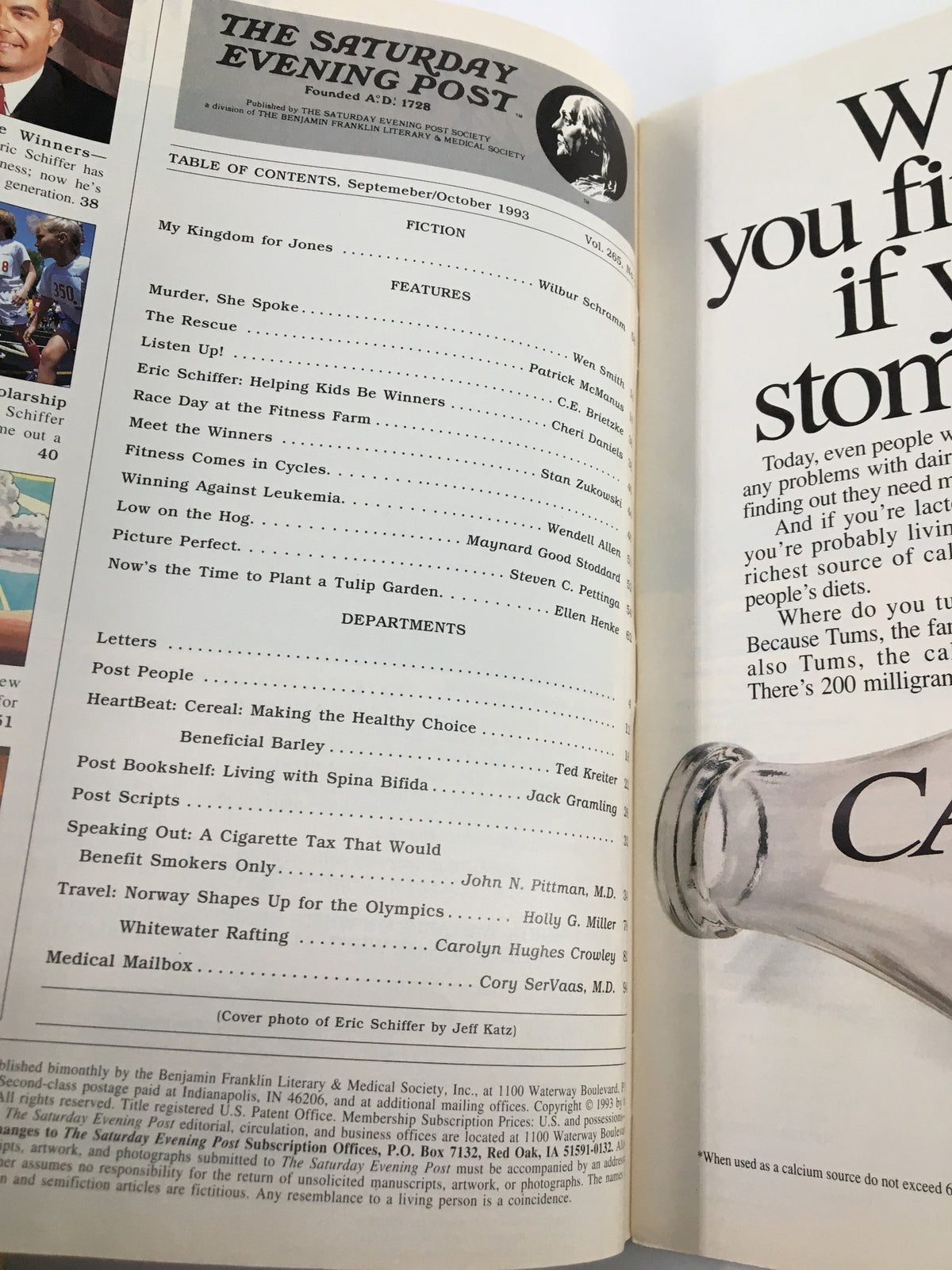 Inside page of The Saturday Evening Post, September 1993 issue revealing the table of contents. The page highlights articles including 'Eric Schiffer: Helping Kids Be Winners' and 'Fitness Comes in Cycles,' emphasizing the vintage magazine's focus on fitness and wellness.