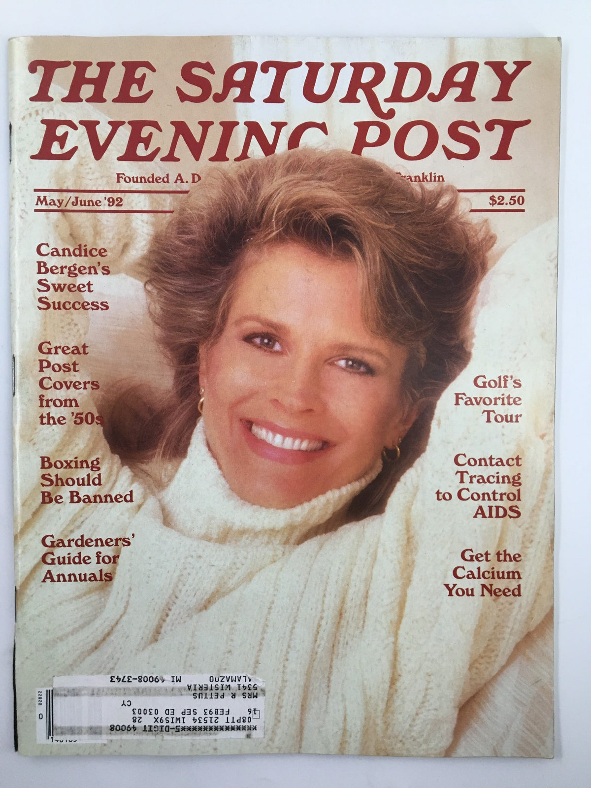 Cover of The Saturday Evening Post May 1992 featuring actress Candice Bergen, promoting cultural insights and golf articles from the early '90s.