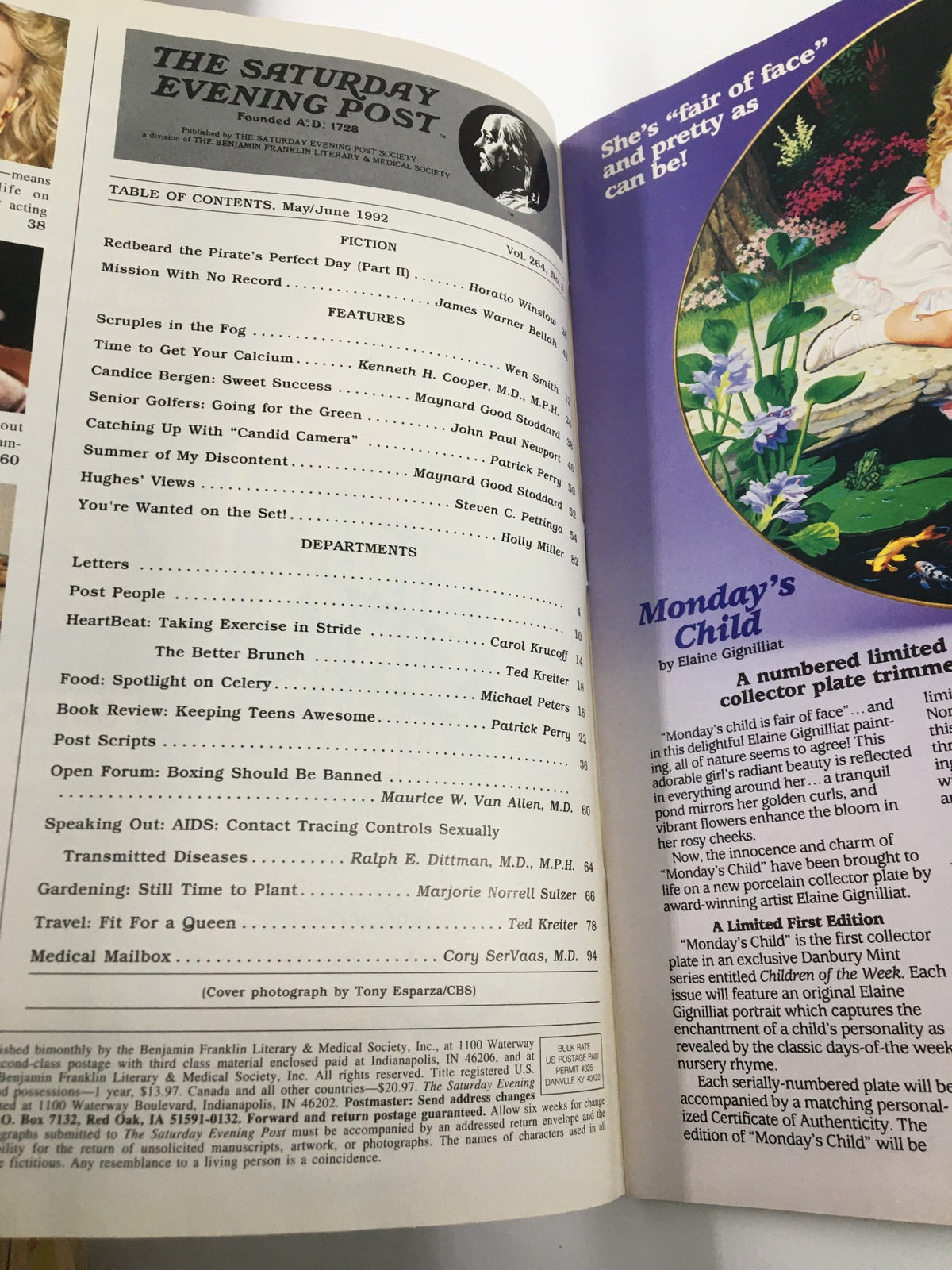 Table of contents from The Saturday Evening Post May 1992 issue, showcasing various articles including features on Candice Bergen and health topics.