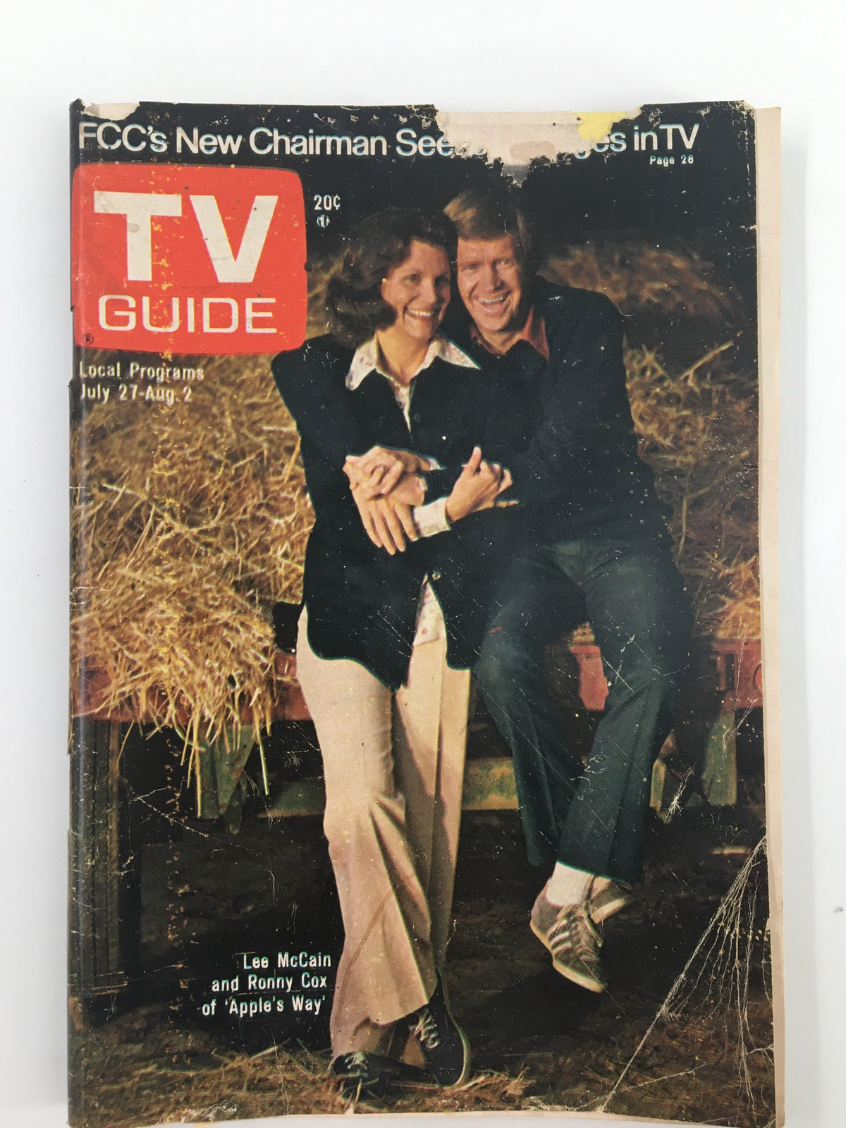 Cover of TV Guide Magazine July 27 1974 featuring Lee McCain and Ronny Cox, showcasing a vintage design with a rustic background.
