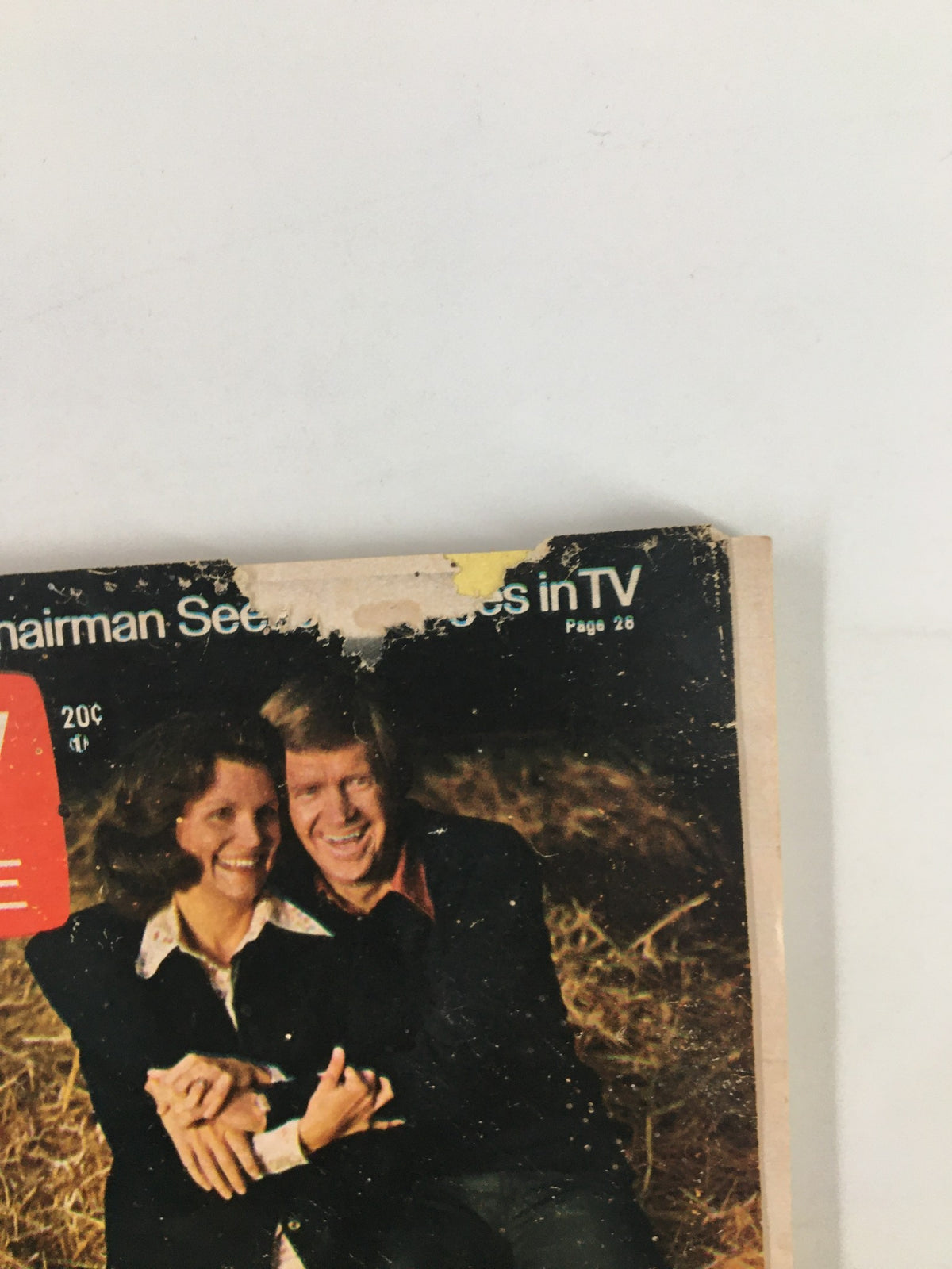 Close-up of the TV Guide Magazine July 27 1974 cover, highlighting Lee McCain and Ronny Cox, showing the magazine's wear and vintage charm.