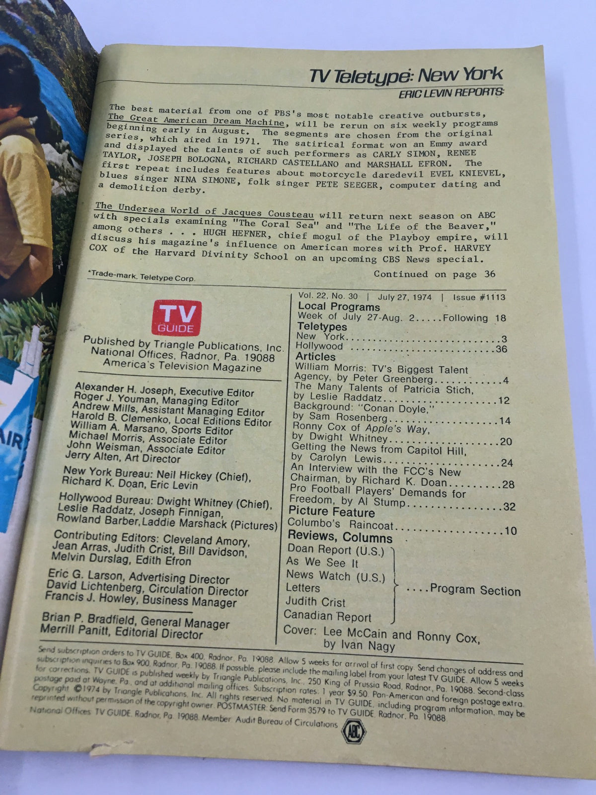 Inside page of TV Guide Magazine July 27 1974 displaying TV Teletype report, offering a glimpse into the content and design of the era.